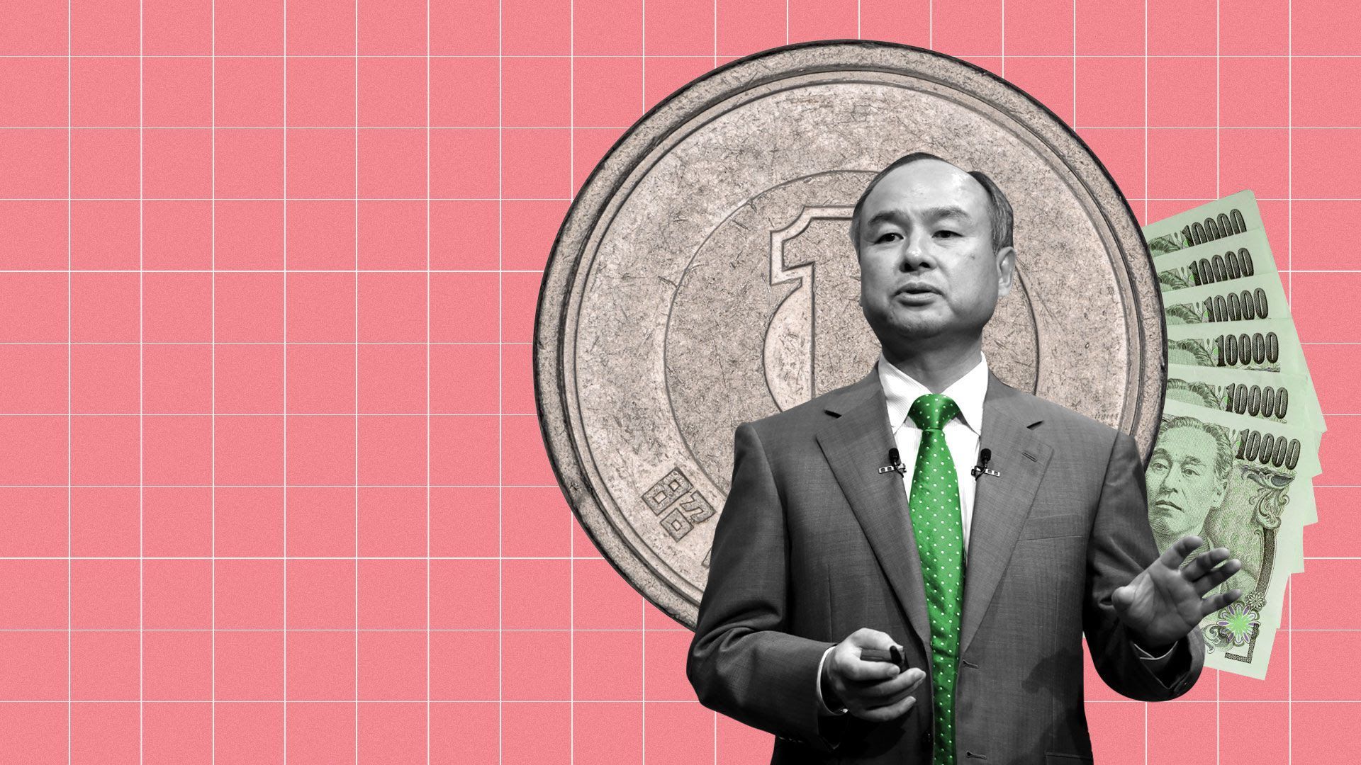 Illustration of SoftBank chairman Masayoshi Son in front of money