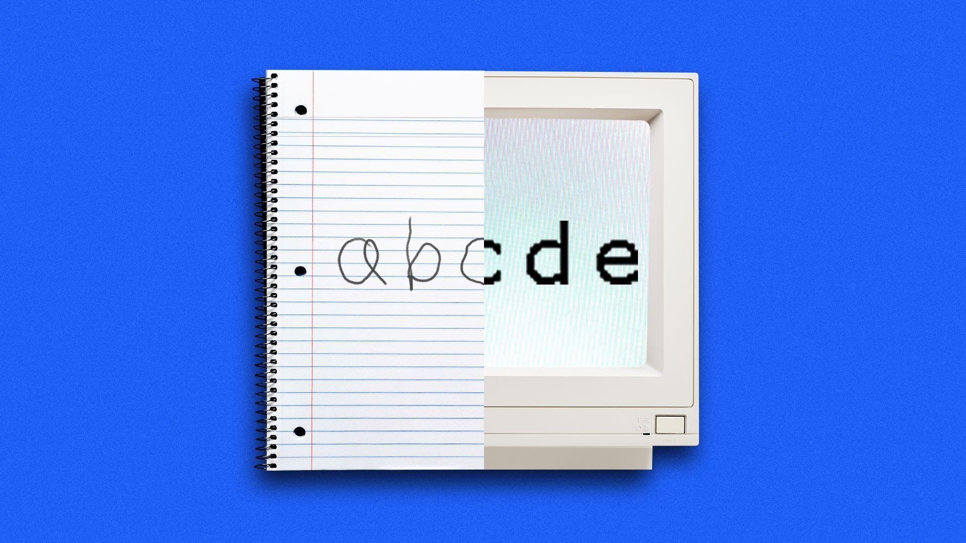 Illustration of a notebook and computer juxtaposed with handwritten and typed abc's on the devices. 