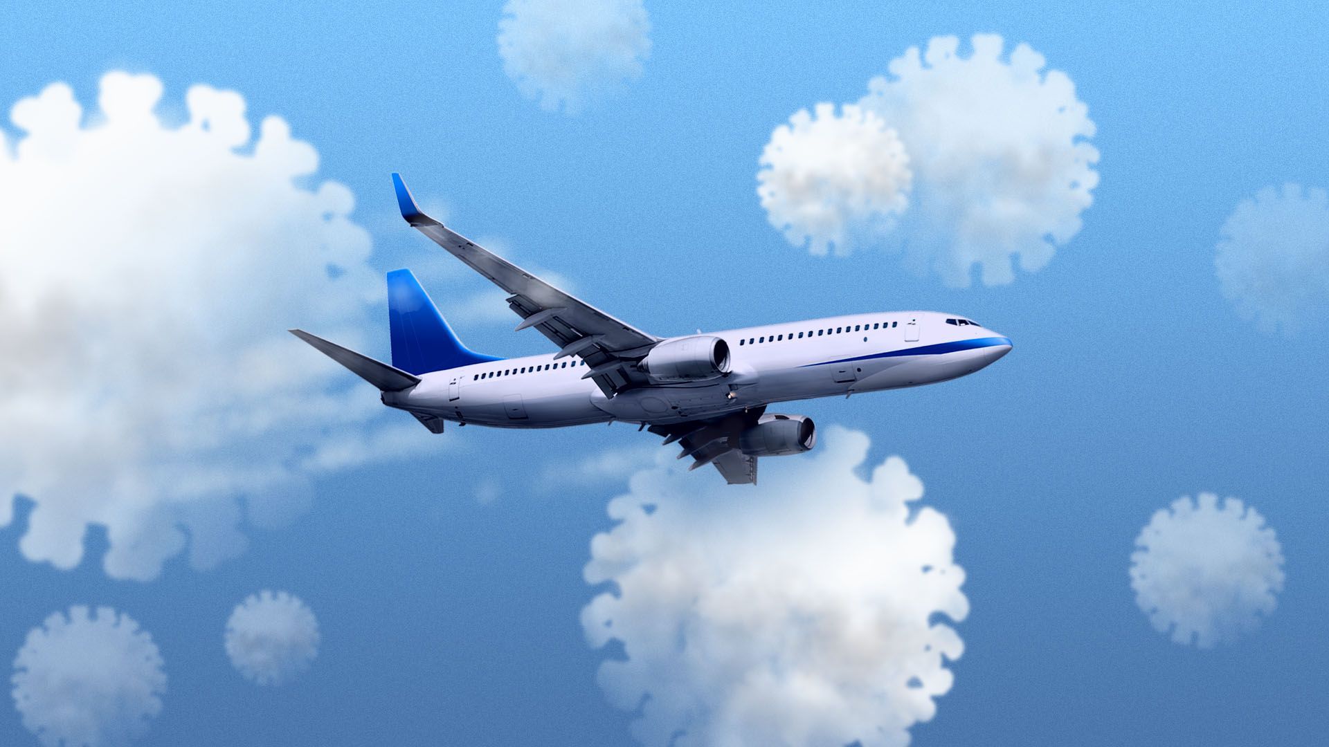 Illustration of a plane flying through clouds shaped like viruses