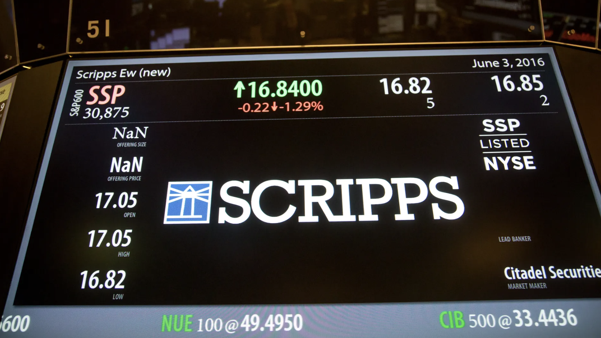 E.W. Scripps Co. signage at the NYSE in 2016. Photo: Michael Nagle/Bloomberg via Getty Images