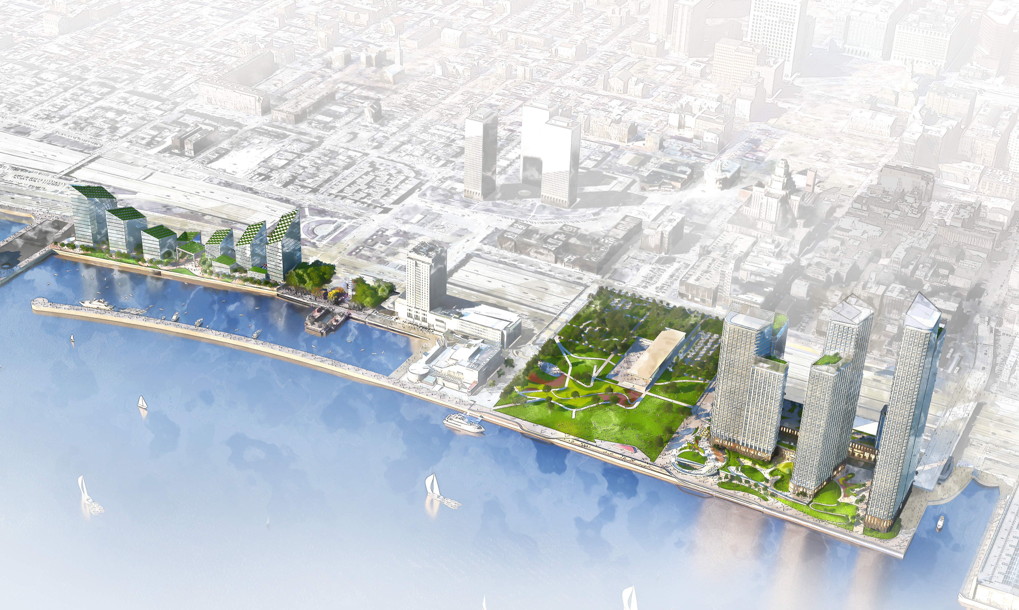 A rendering of a massive 12-tower development proposed along the Delaware River waterfront