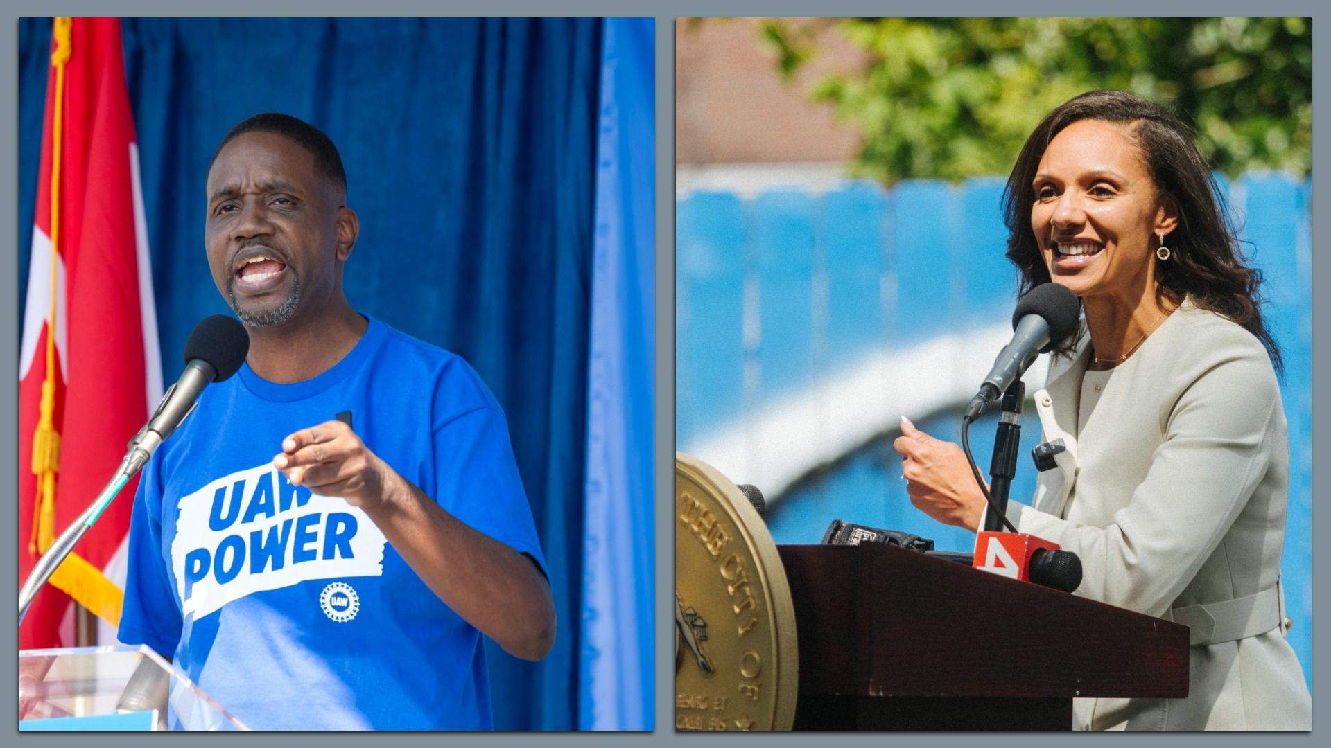 Kinloch and Sheffield in different photos, each speaking at microphones