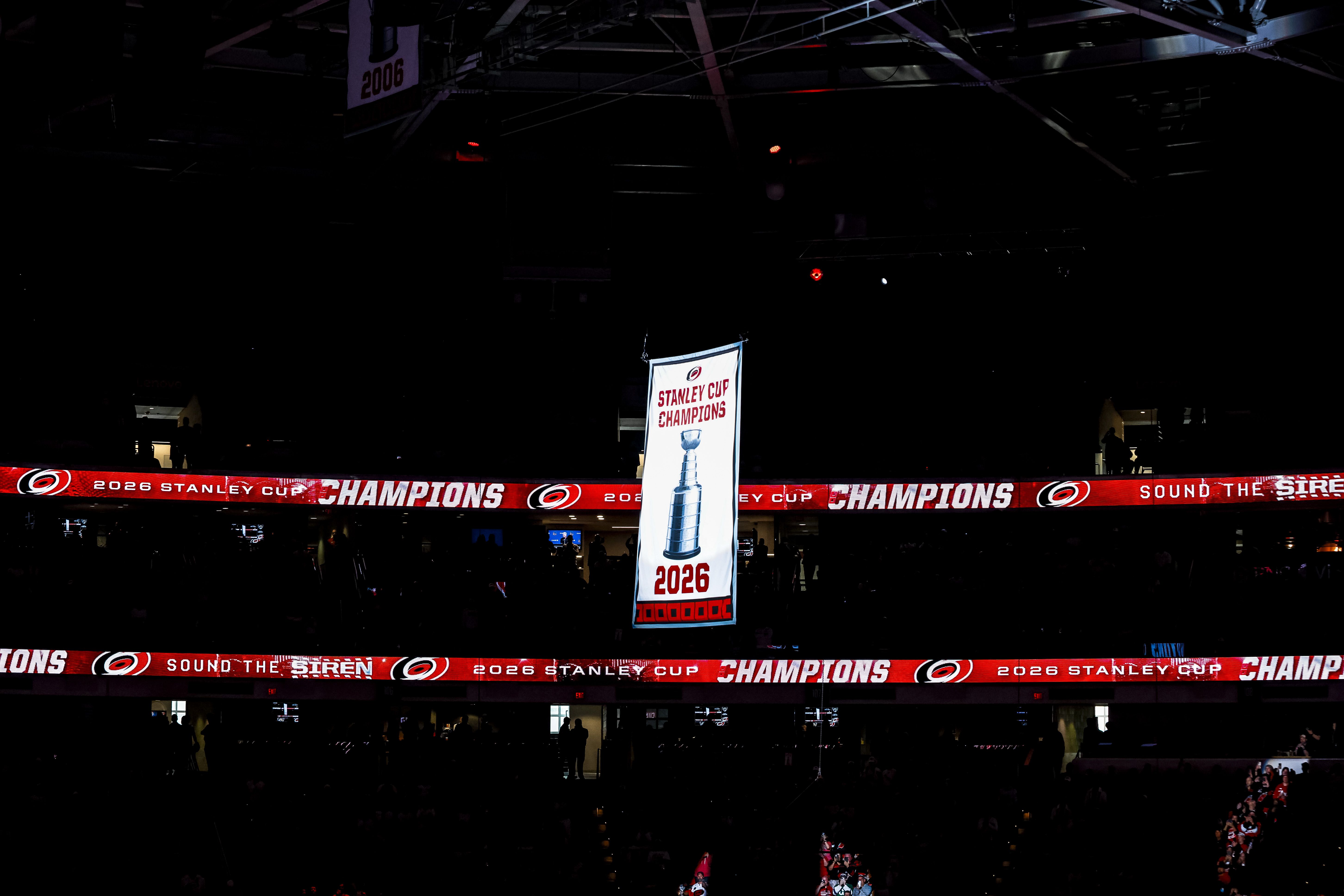 RALEIGH, NORTH CAROLINA - SEPT 29: The Carolina Hurricanes celebrate their Stanley Cup win during an Opening Ceremony against Florida Panthers at Lenovo Center on September 29, 2026 in Raleigh, North Carolina. (Photo by Jaylynn Nash/Getty Images)