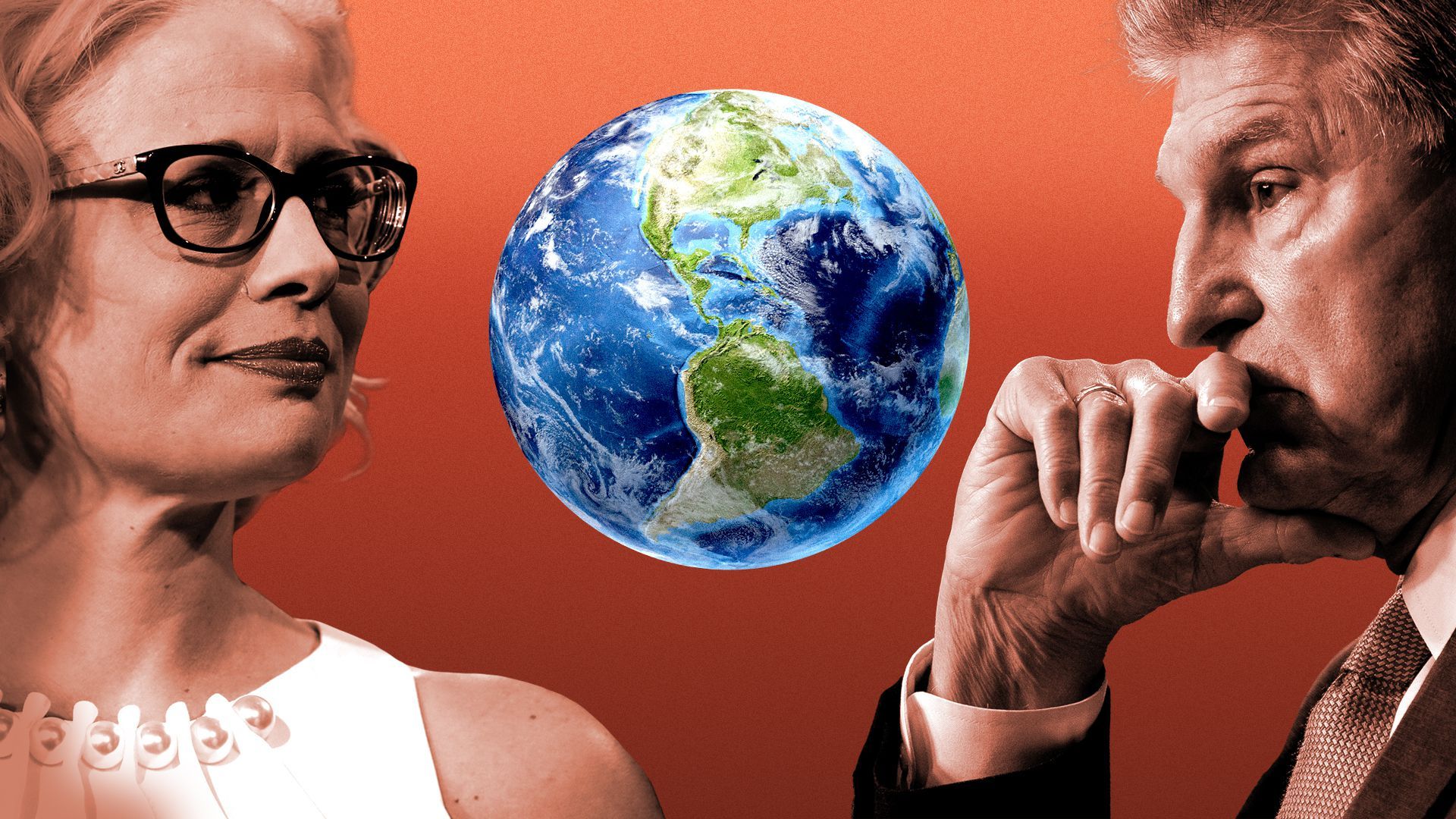 Photo illustration of Sen. Joe Manchin and Sen. Kyrsten Sinema looking at each other with the earth in the background