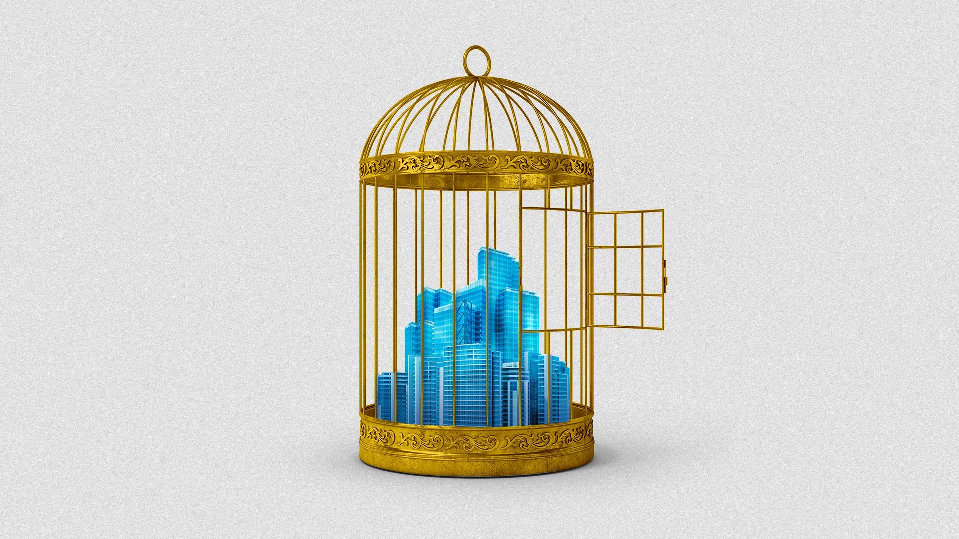 In this illustration, a city is in a golden birdcage