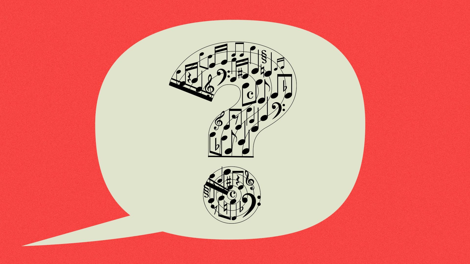 Illustration of question mark made out of a musical staff and notes inside a word balloon.
