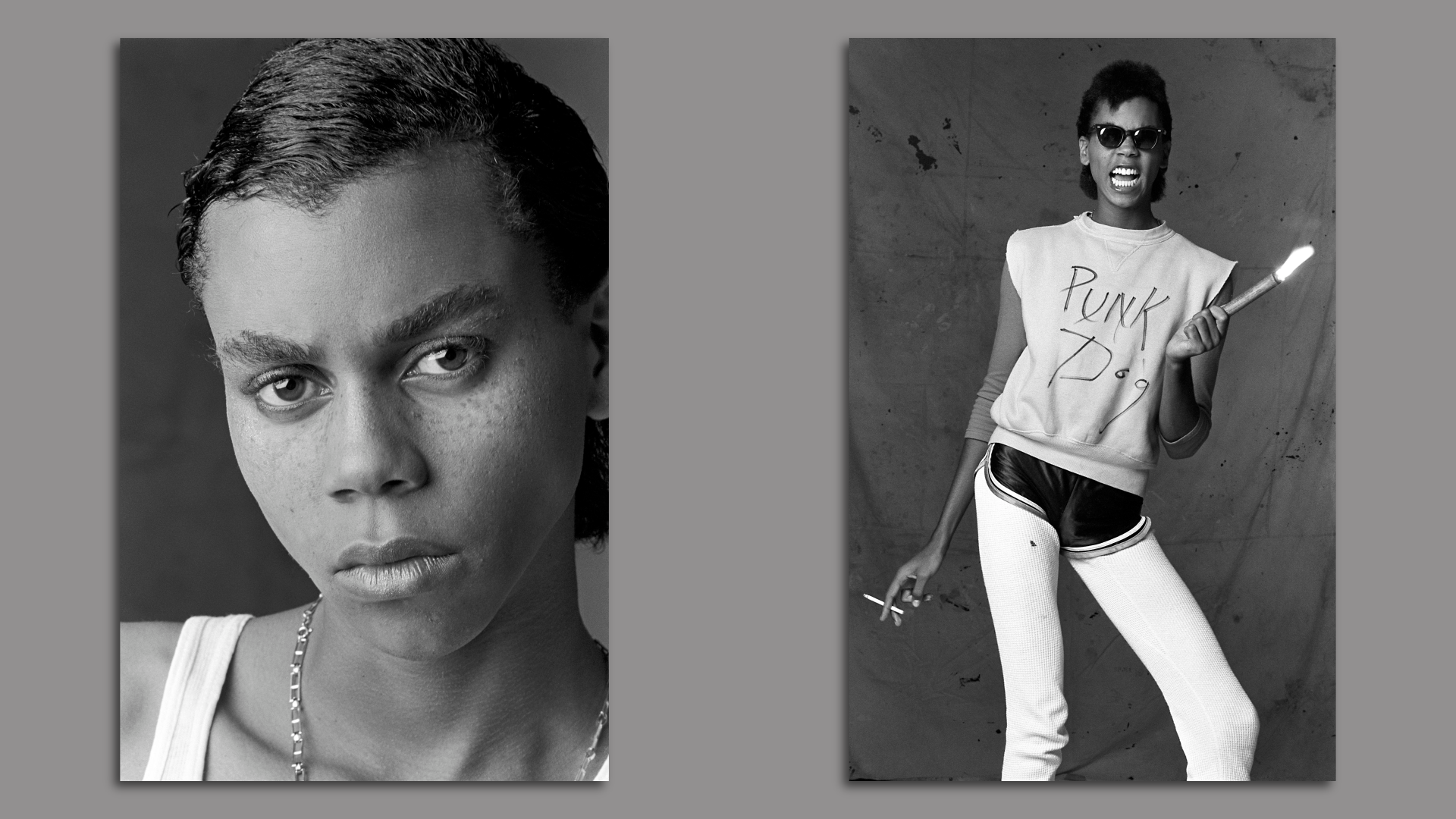 Side by side photos of RuPaul, the drag entertainer, from the late 1970s. One is a close up of a serious facial expression, the other shows RuPaul holding a firework streamer and cigarette and wearing a shirt that says "Punk Dog"