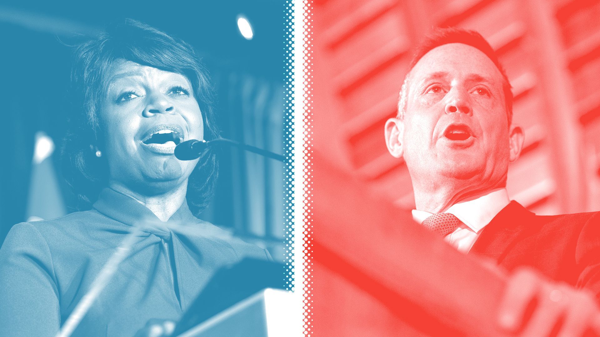 Photo illustration of Cheri Beasley tinted blue, and Ted Budd tinted red, separated by a white halftone divider.