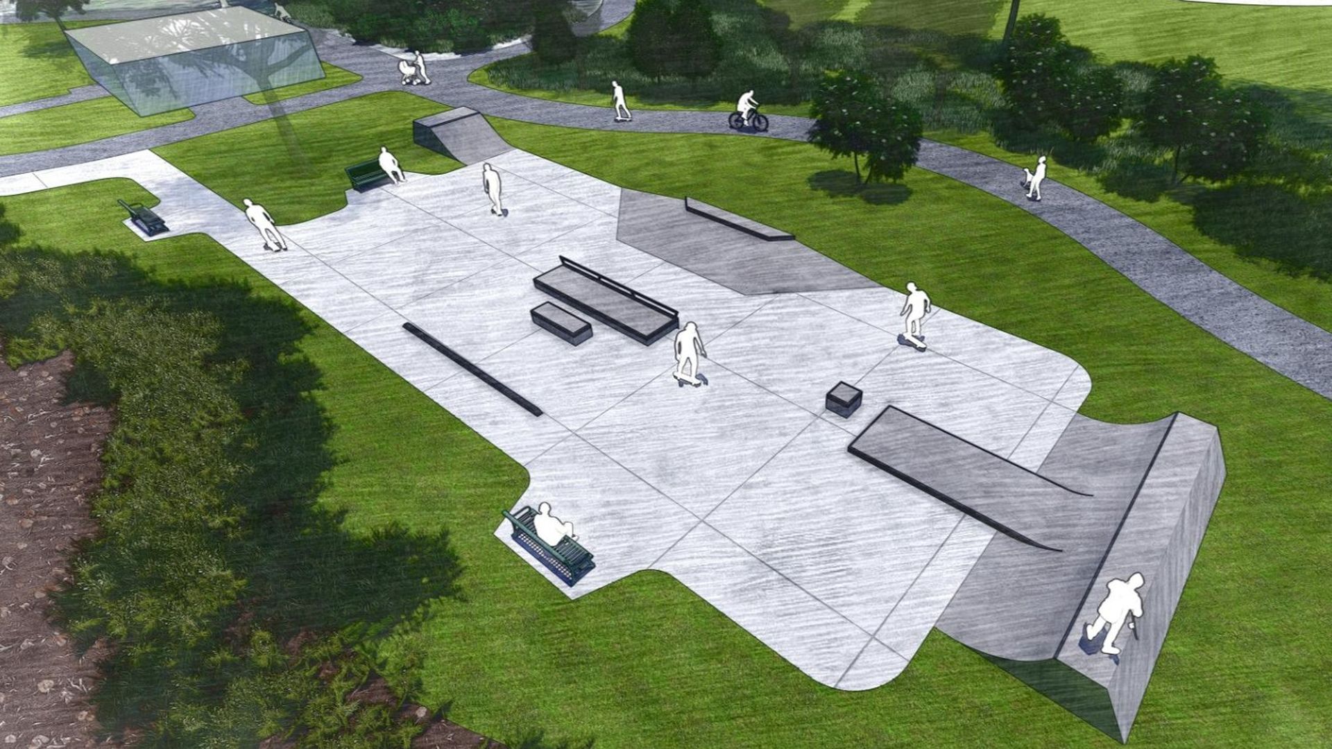 Bird's-eye view of a modern skatepark in a green park: a wide light-gray concrete plaza with ramps, rails, and steps; white silhouette figures skate, bike, and walk amid trees and winding paths.