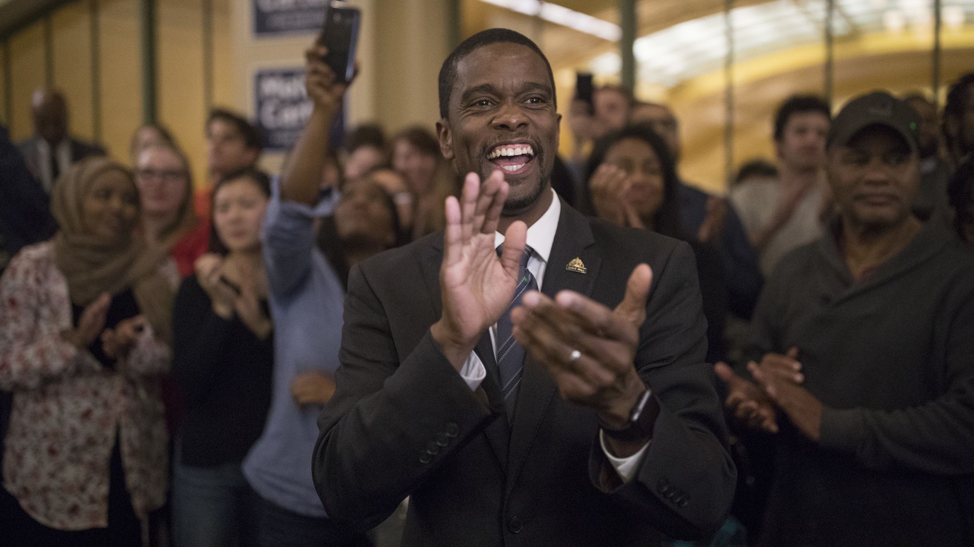 St. Paul mayoral candidate Melvin Carter celebrated his win with family and friends at the Union Depot Tuesday November 7,2017 in St. Paul, MN.