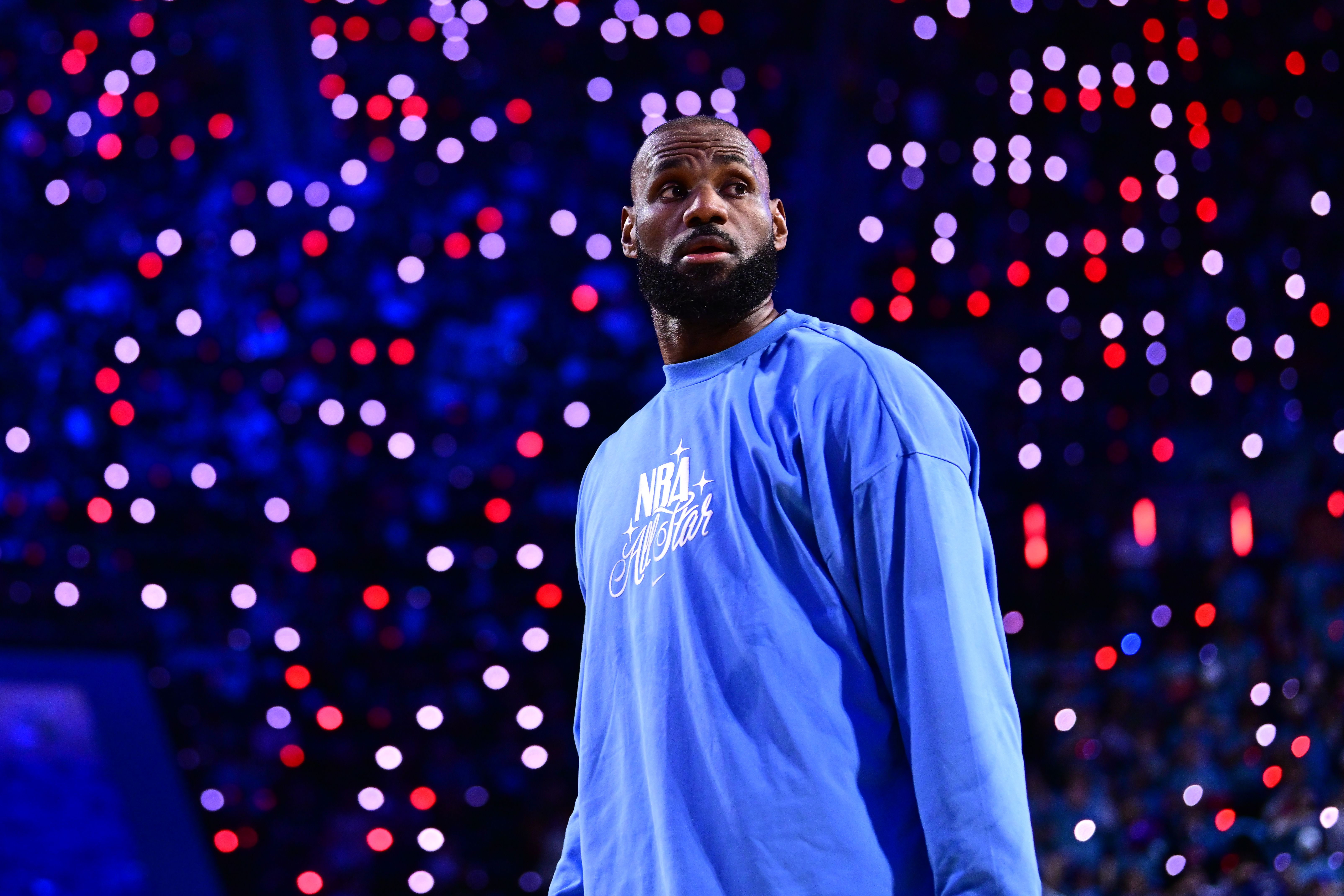 LeBron James waits before the 75th NBA All-Star Game at Intuit Dome on Feb. 15. Photo: Mike Lawrence/NBAE via Getty Images