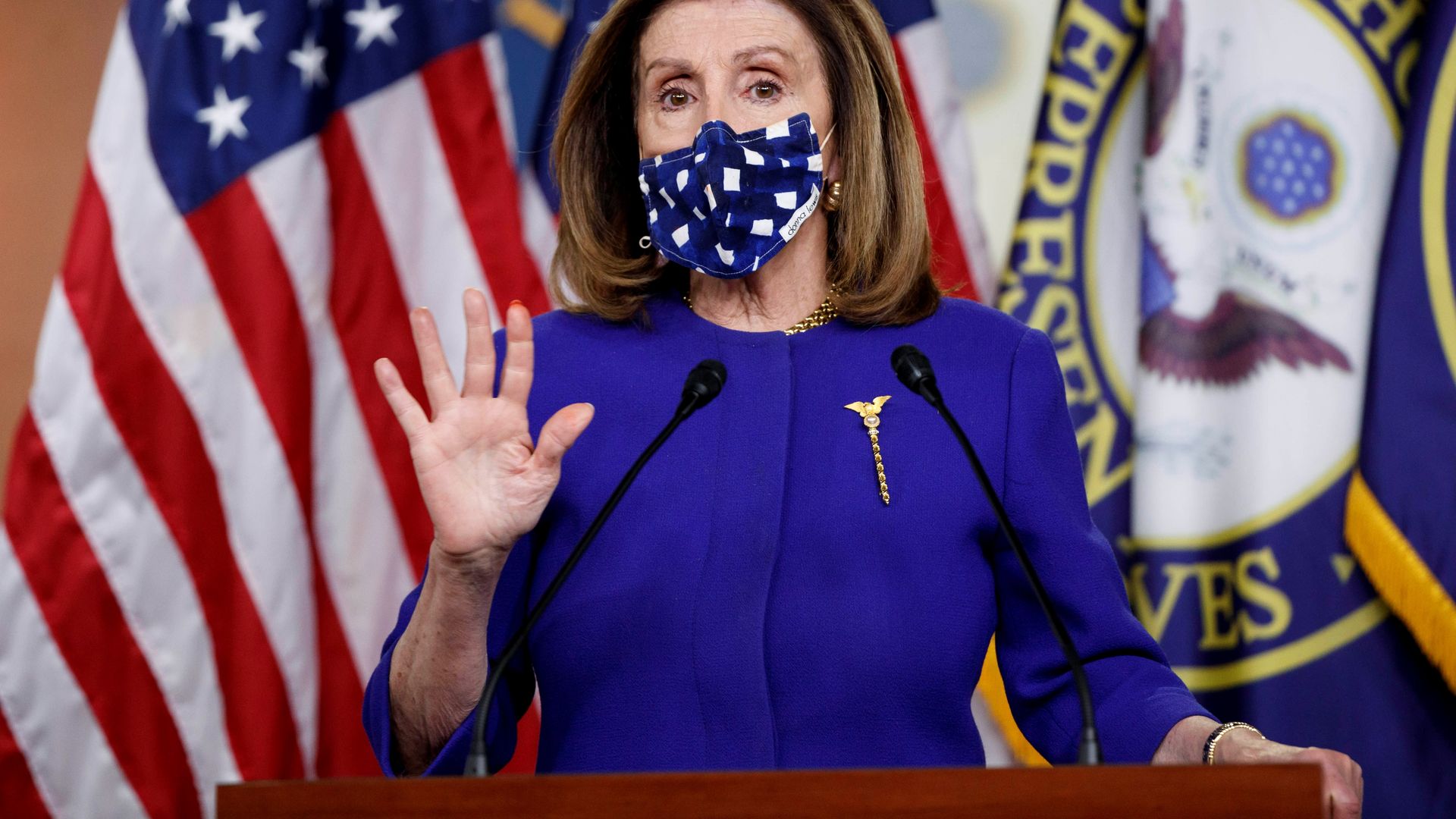 Nancy Pelosi speaking with reporters on Oct. 9.