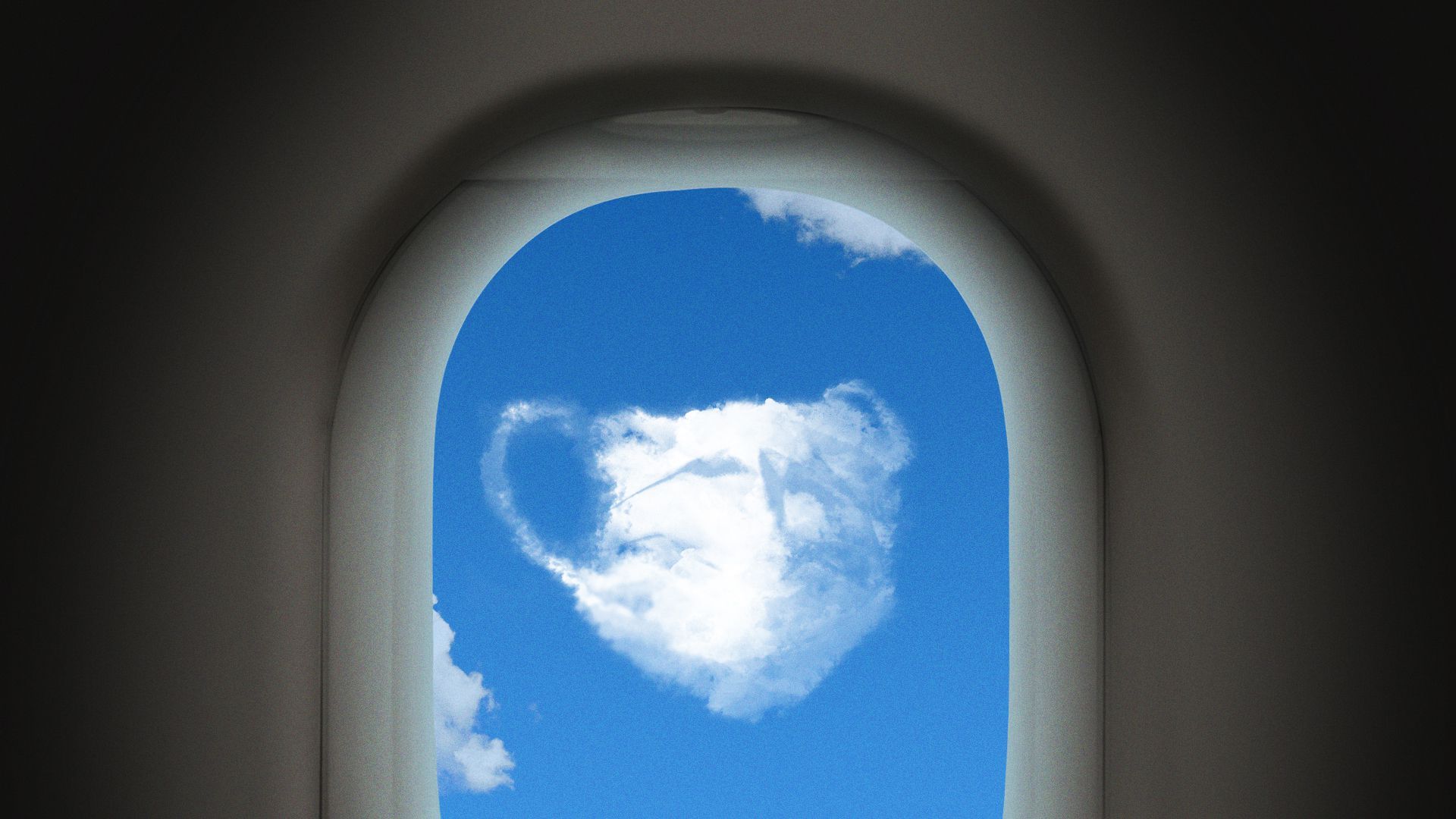 Illustration of a mask-shaped cloud through an airplane window.
