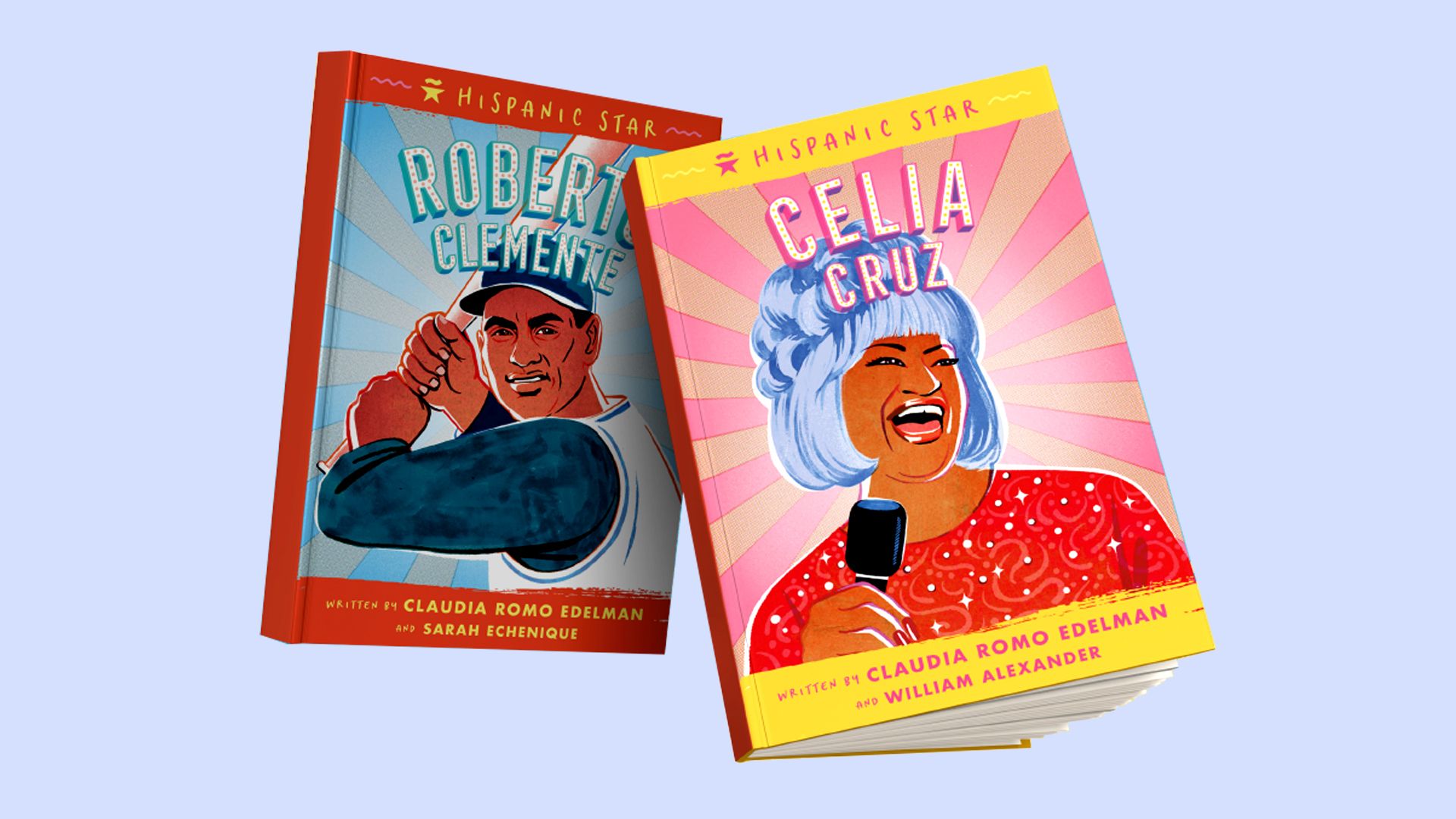 an illustration of two colorful books next to each other with Roberto Clemente and Celia Cruz on the covers
