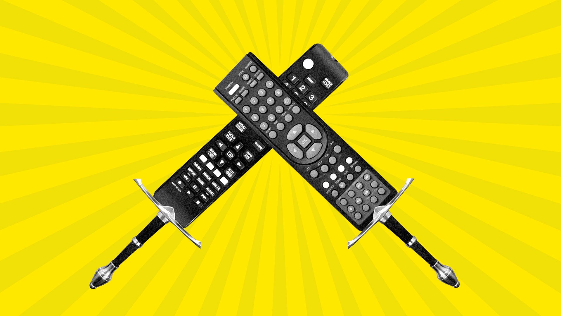 Illustration of two remote controls as swords dueling it out.