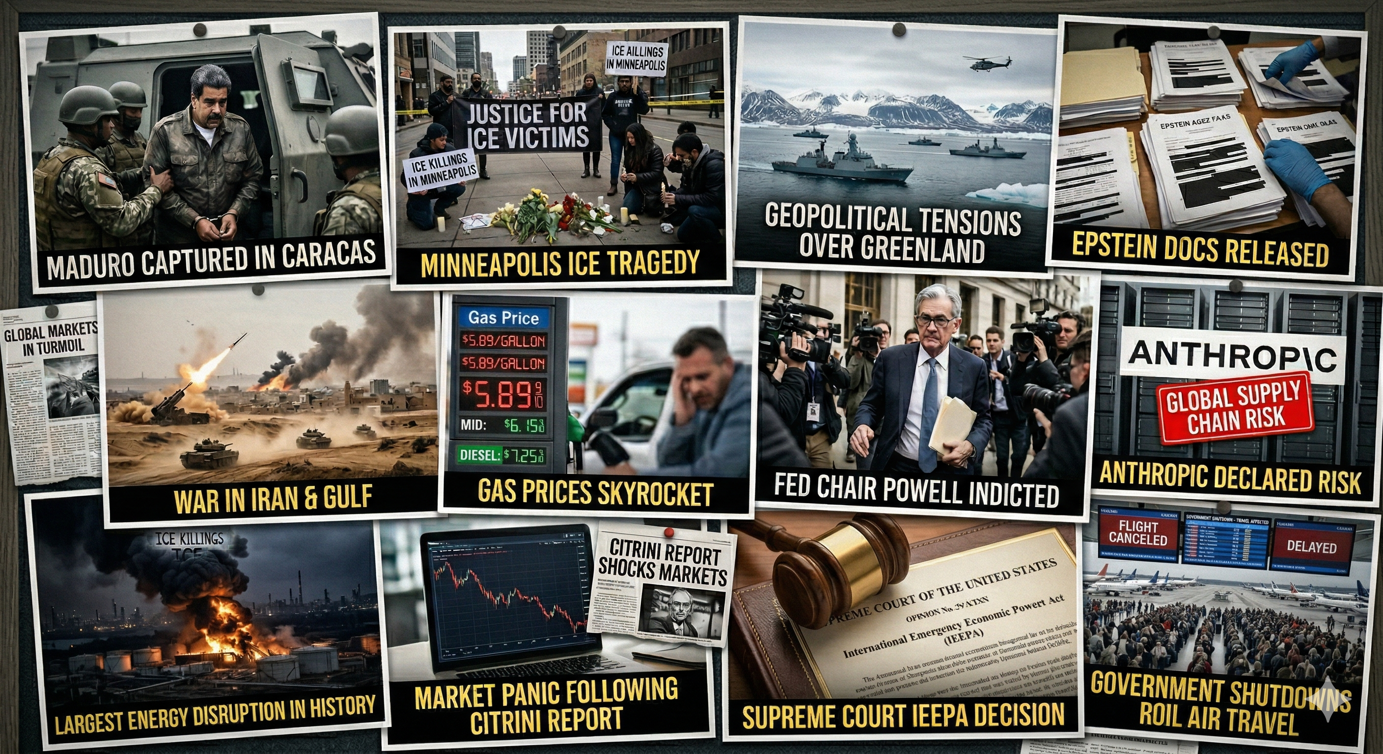 Collage of headlines pinned to a board: Maduro captured in Caracas; Minneapolis ice tragedy; war in Iran and Gulf; gas prices spike; Powell indicted; Epstein docs released; turmoil.