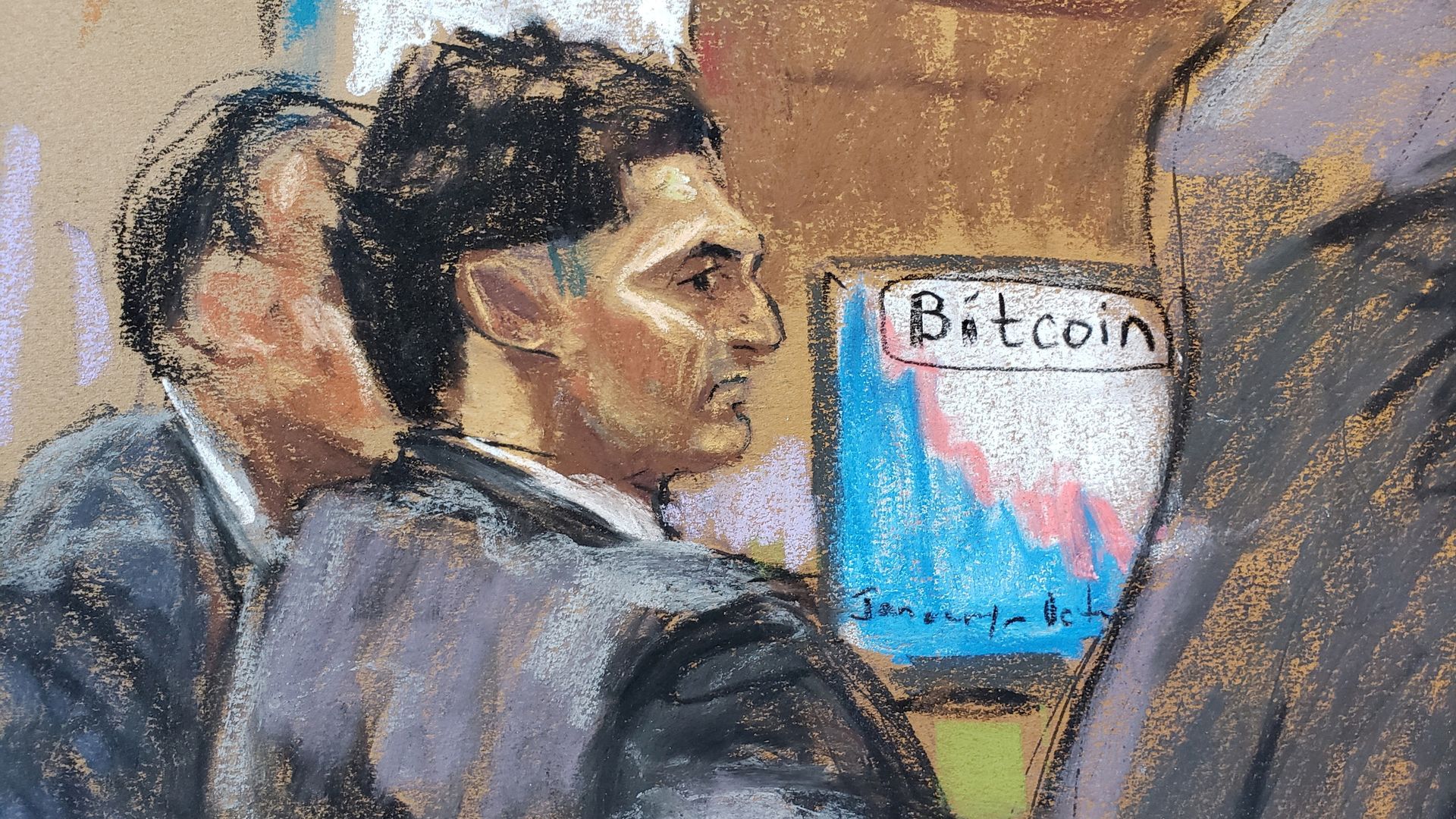 A courtroom sketch of Sam Bankman-Fried, seated and looking off to the side.