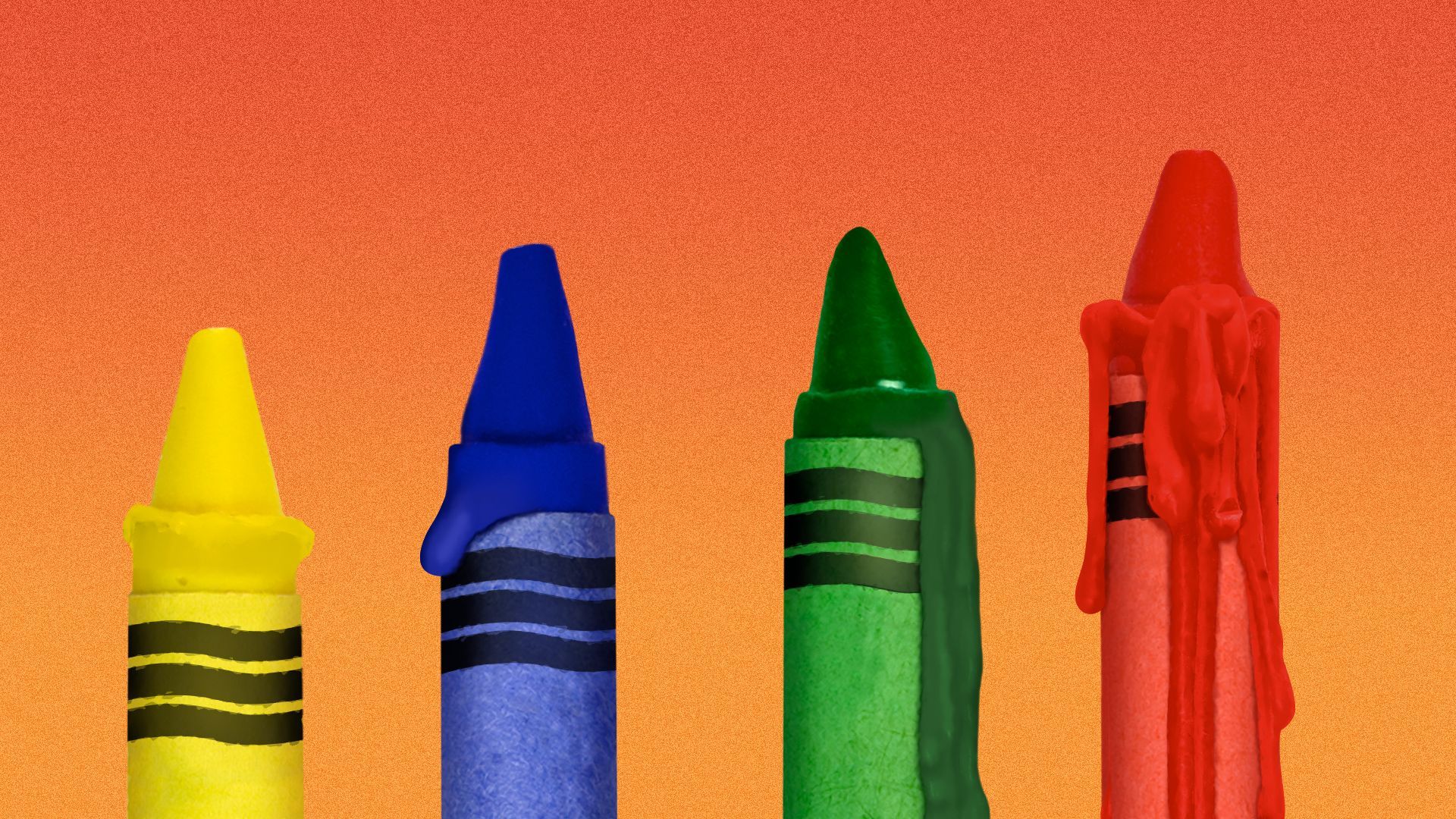 Illustration of crayons forming an upward bar chart, simultaneously melting as the crayons go up.