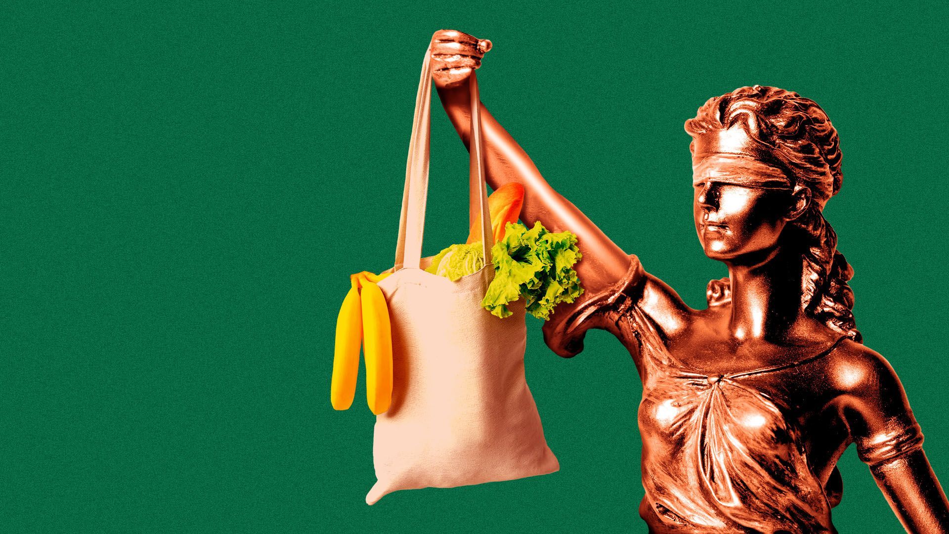 Illustration of a statue of Justice holding a bag of groceries