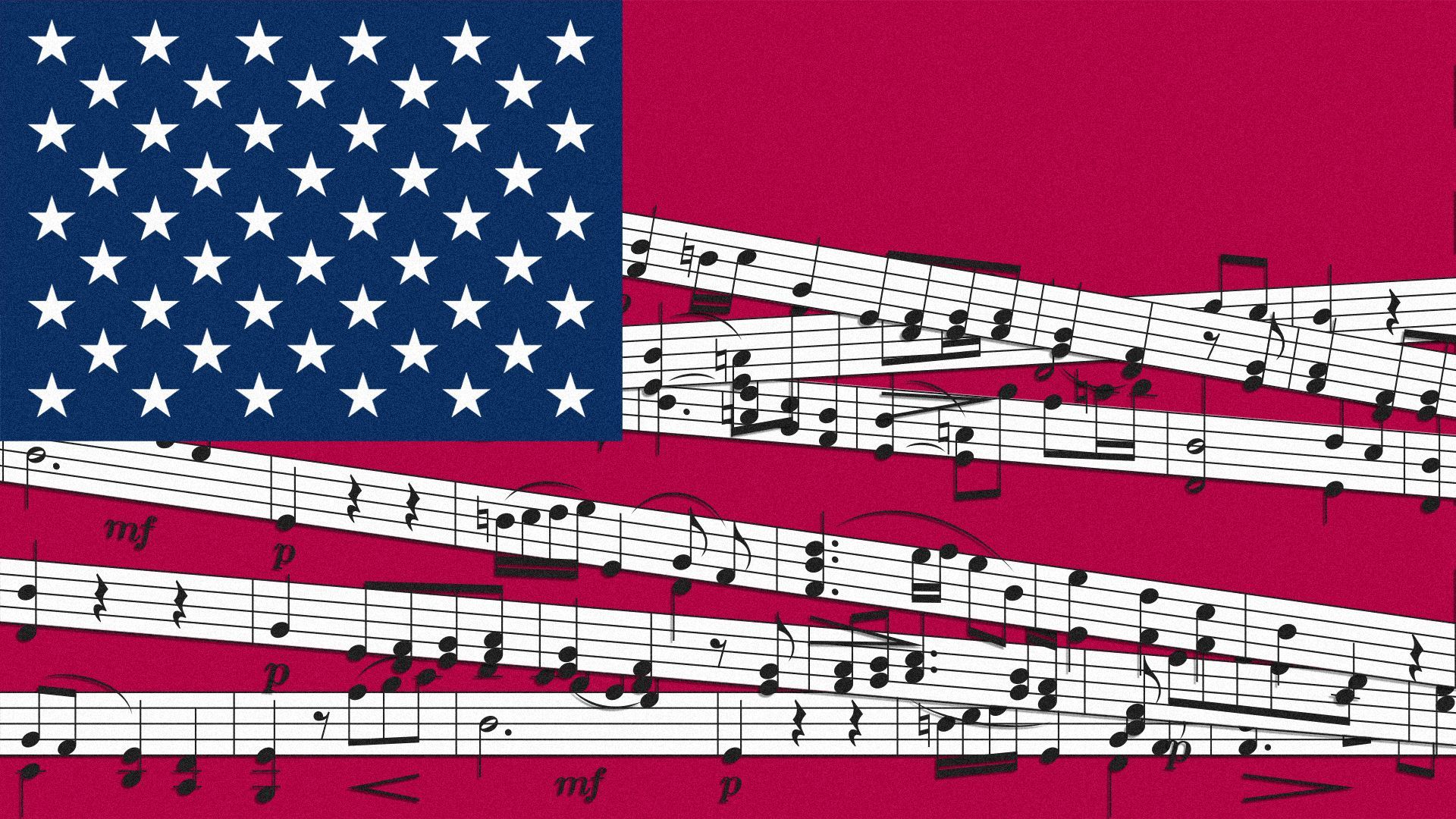 Illustration of the U.S. flag with its white stripes as collapsed lines of sheet music.