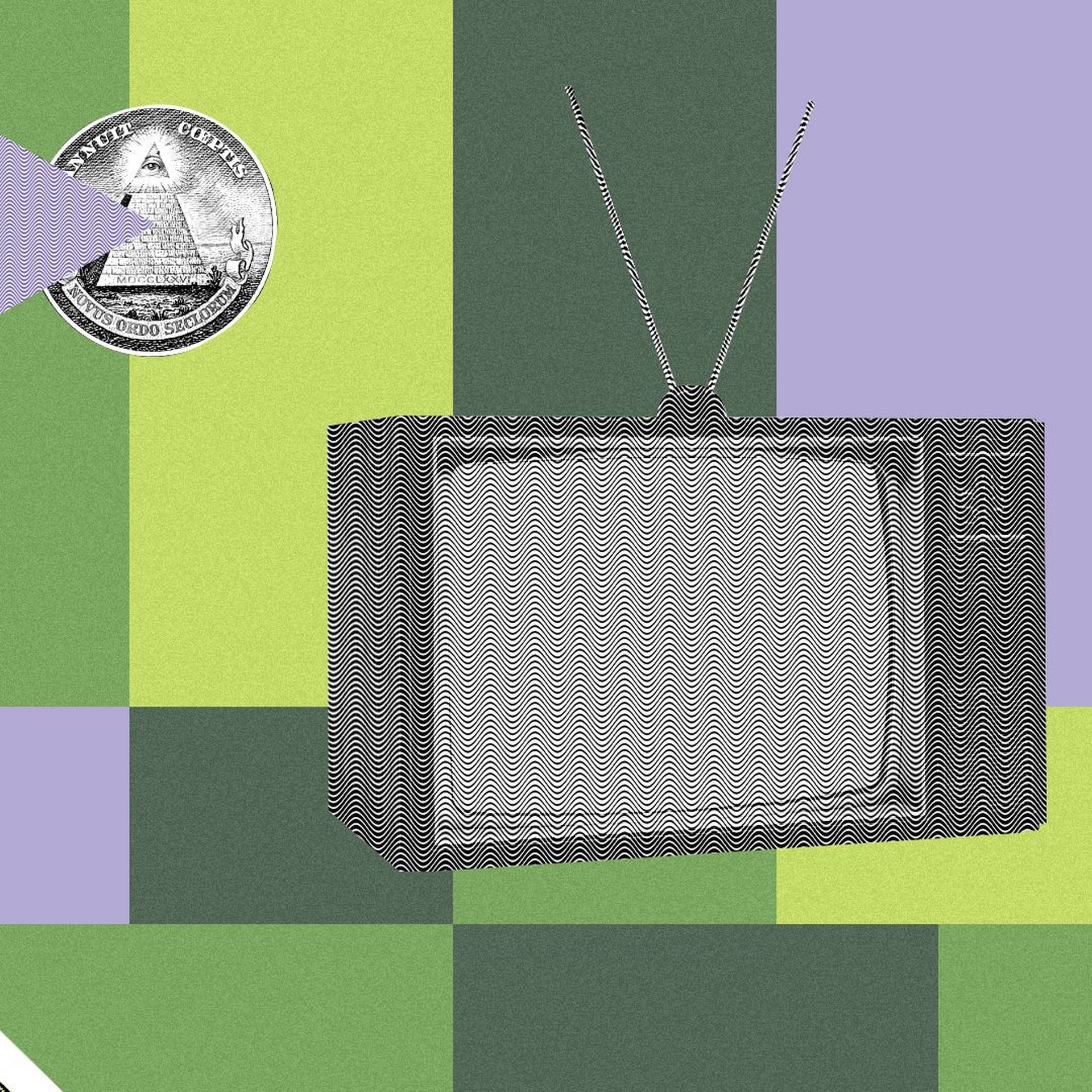 Illustration of a collage featuring an old TV, parts of dollar bills, and a TV test pattern.