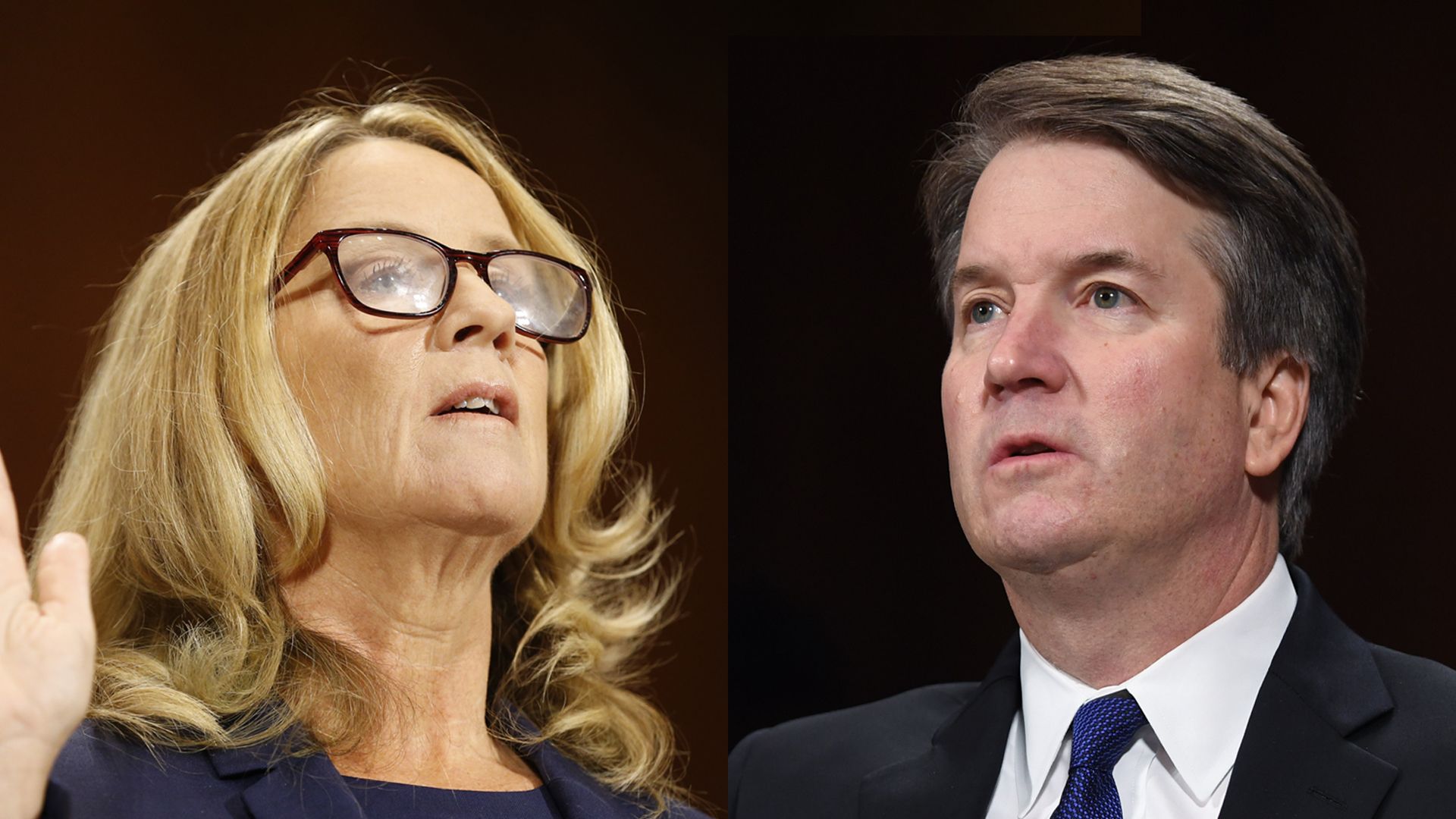 A split image of Christine Blasey Ford raising her hand to swear under oath and Brett Kavanaugh speaking with a serious expression