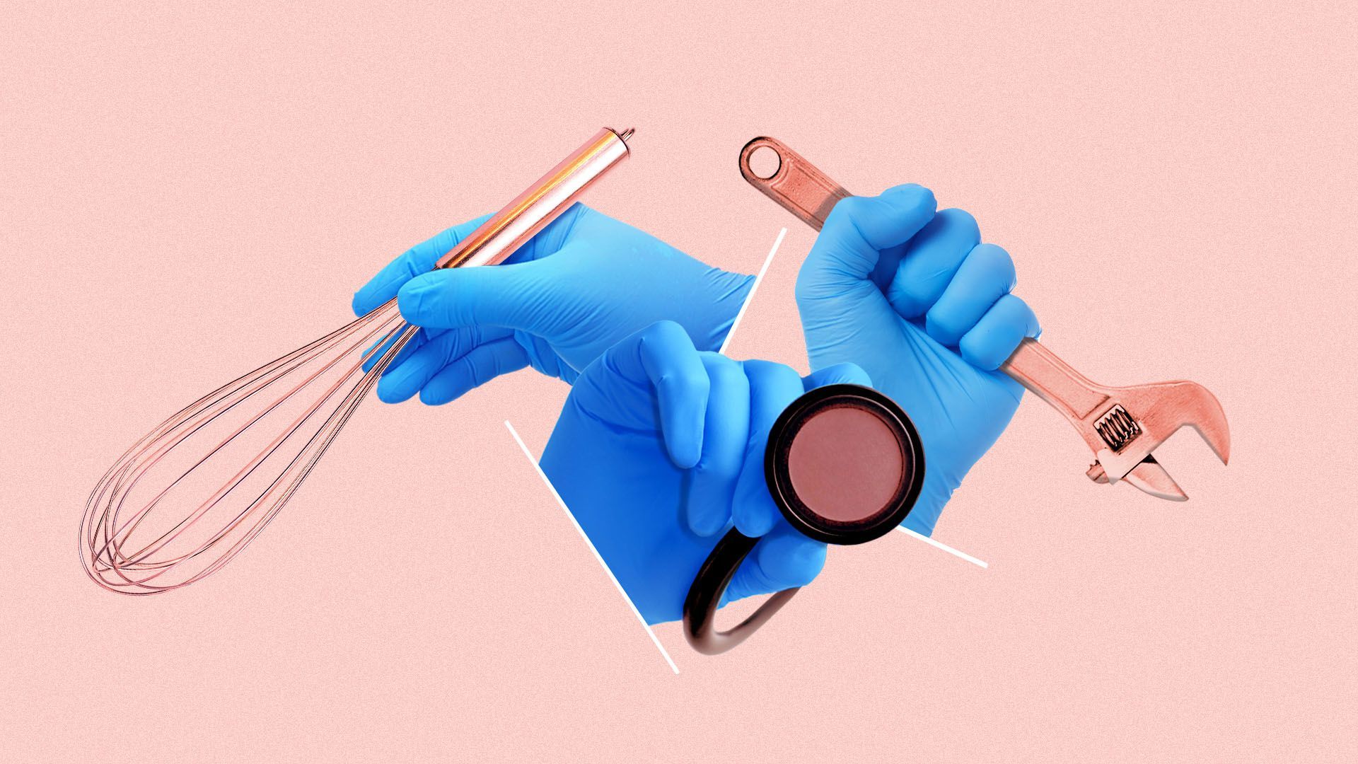Illustrated collage of hands with medical gloves holding a whisk, a wrench, and aa stethoscope