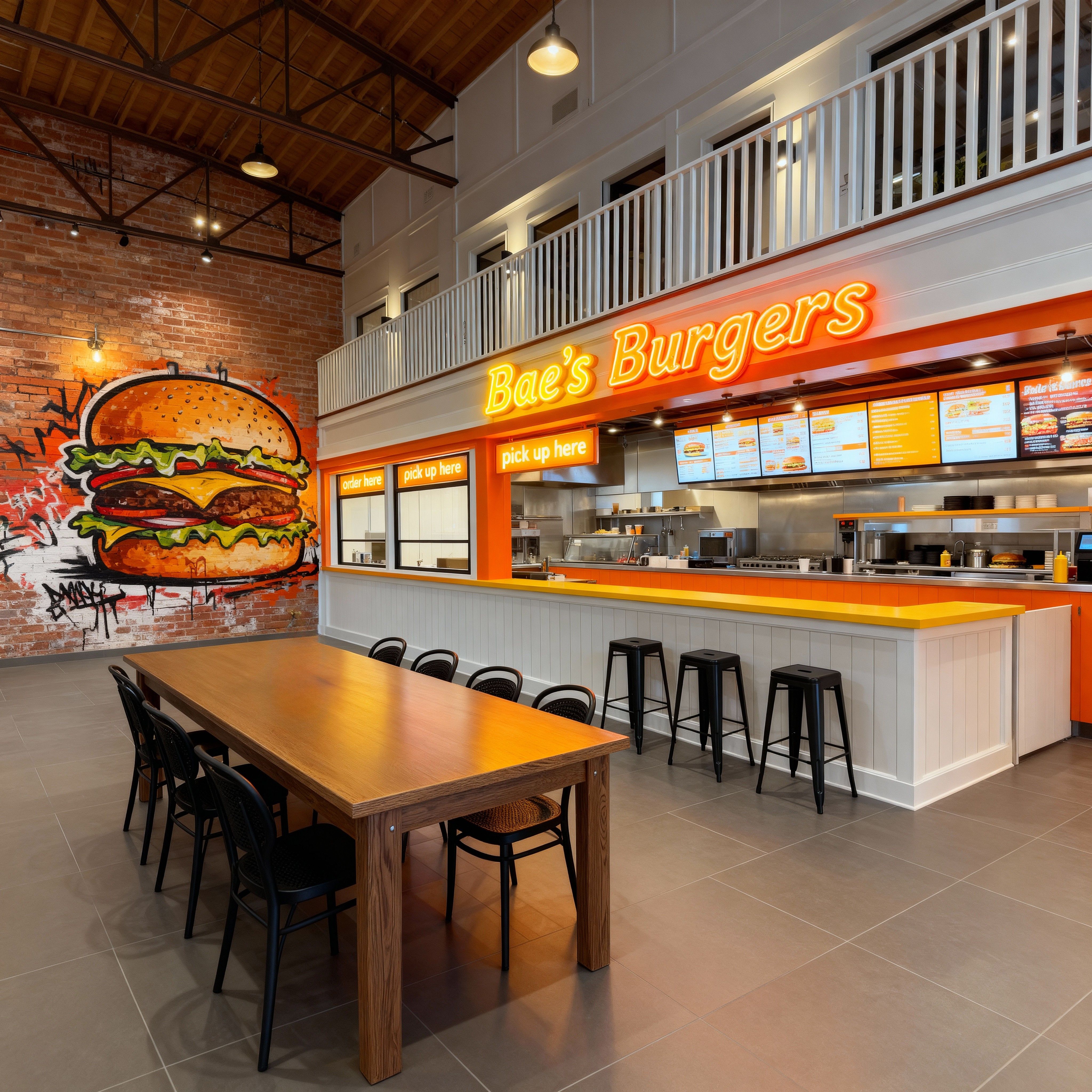 Interior of Bae's Burgers restaurant with orange and white counter, black stools, wooden table with black chairs, and large mural of a burger on exposed brick wall.
