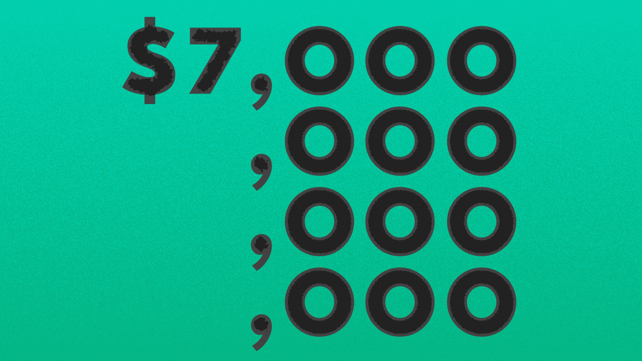 Animated illustration of the dollar amount $7 trillion, with the zeros turning to thinking face emojis.