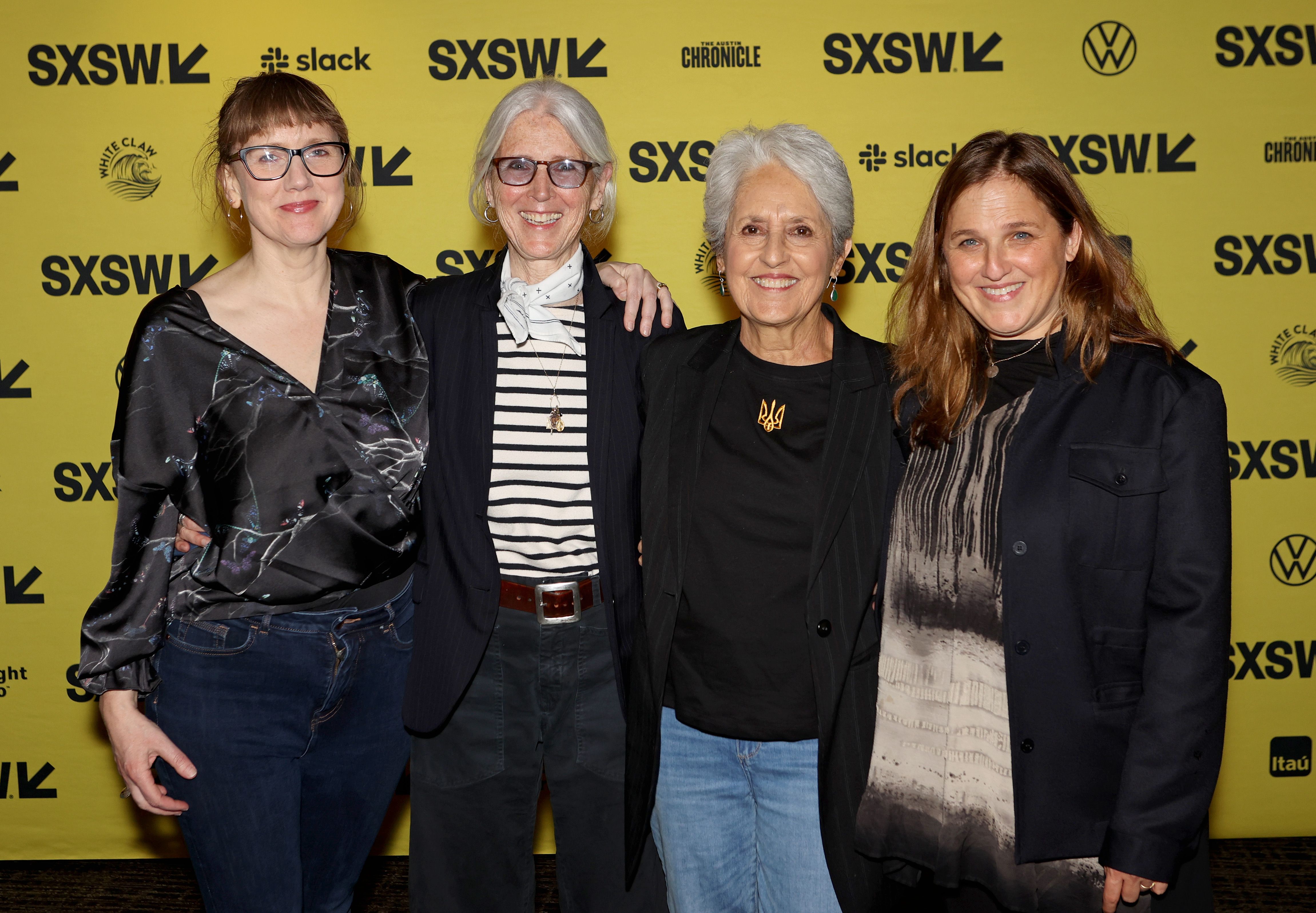 Maeve O'Boyle, Karen O'Connor, Joan Baez, and Miri Navasky attend "Joan Baez I Am A Noise" during the 2023 SXSW Conference and Festivals at ZACH Theatre on March 10, 2023 in Austin, Texas.