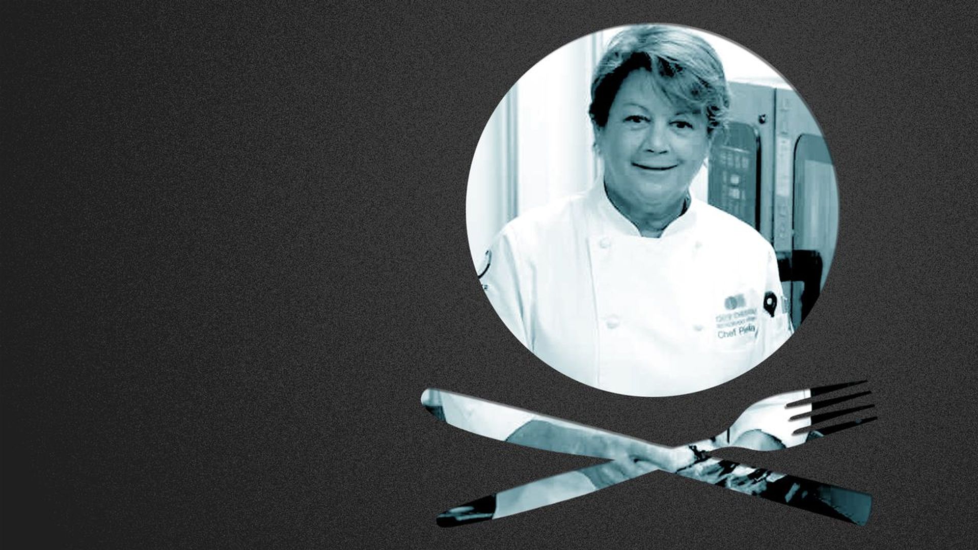 Photo illustration of a plate, knife, and fork in the form of a skull and crossbones with Jeannie Pierola inside the shapes. 