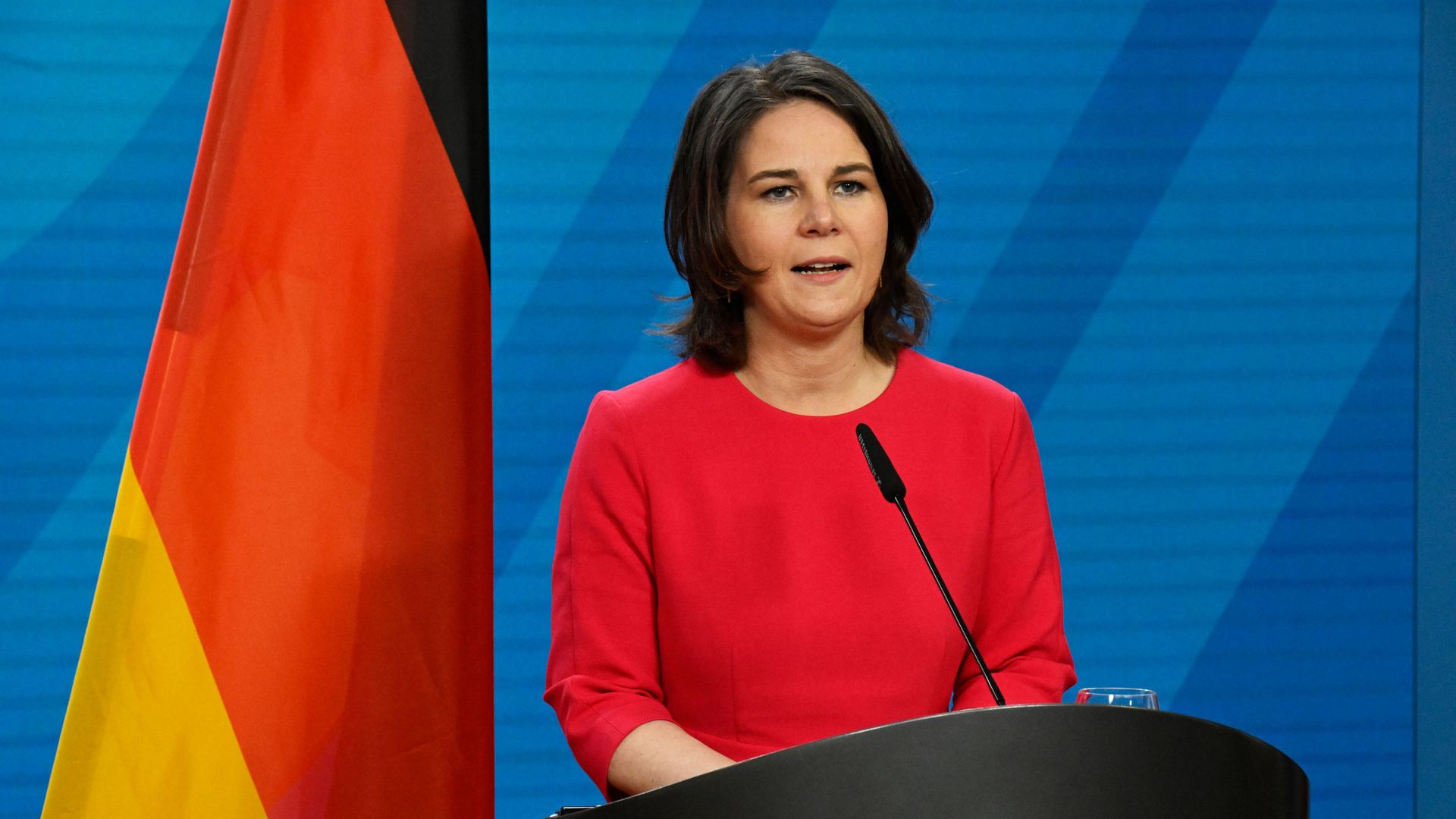 German Foreign Minister Annalena Baerbock speaks to the media 