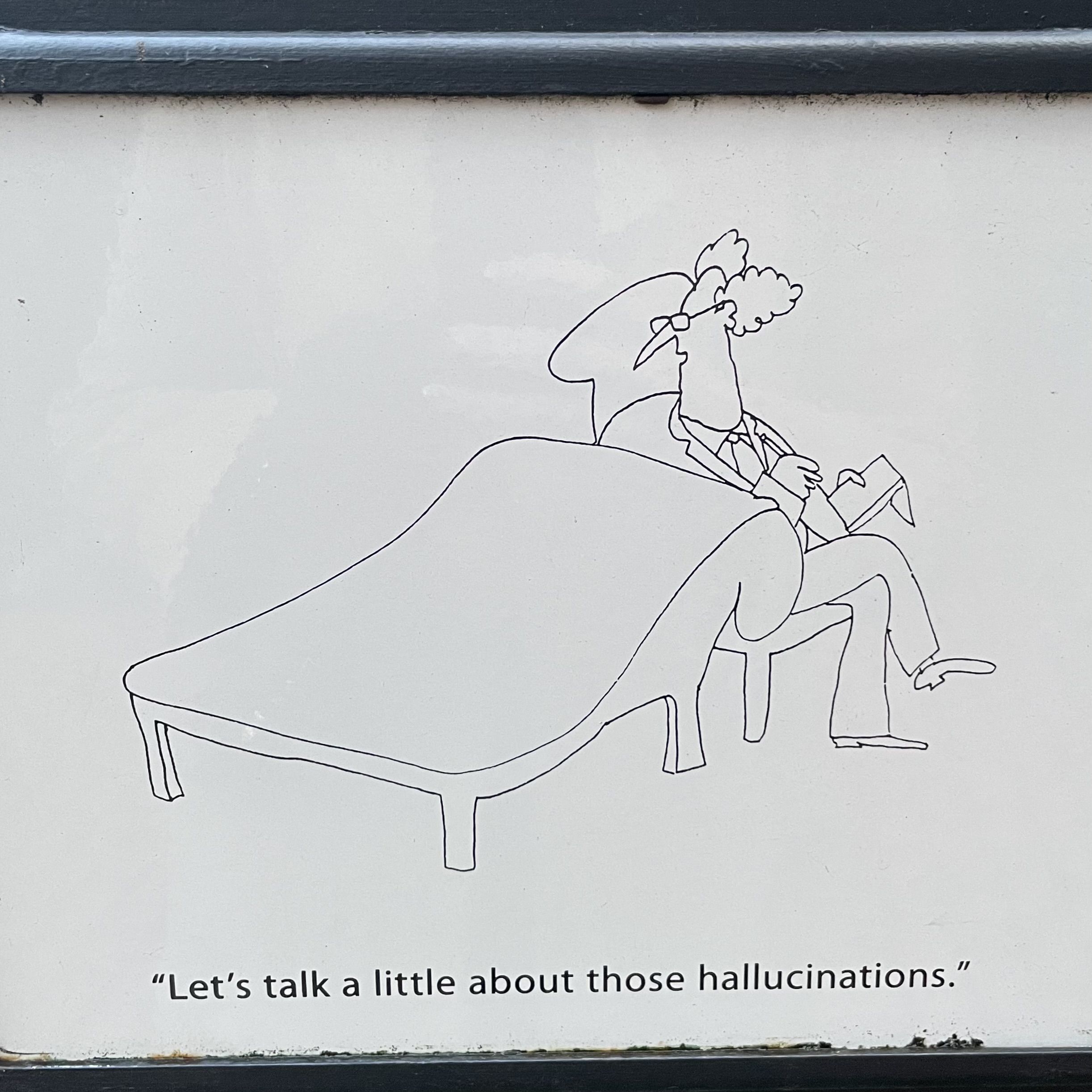 Black line drawing of a therapist in glasses sitting on a chair, writing on a notepad next to a chaise lounge. Caption reads, "Let's talk a little about those hallucinations."