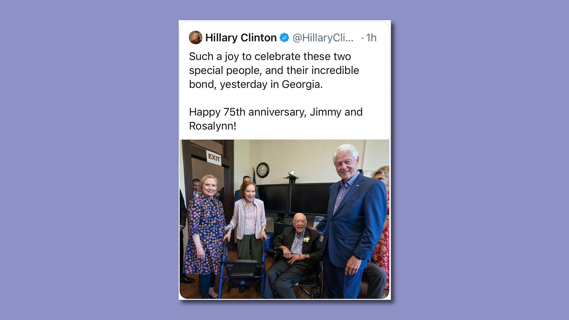 A screenshot shows a tweet from Hillary Clinton congratulating President Carter and his wife, Rosalynn, on their 75th anniversary.