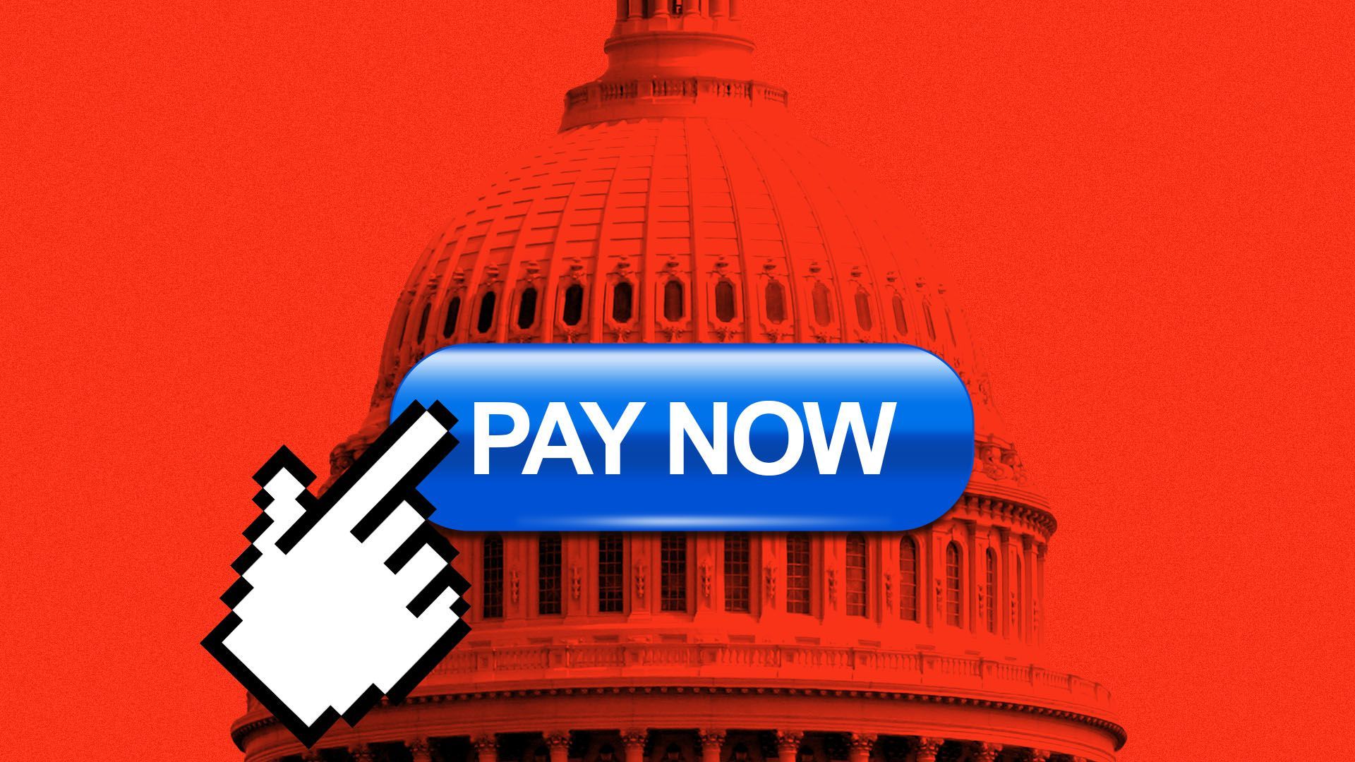 Illustration of a cursor clicking a "pay now" button in front of the Capitol Dome