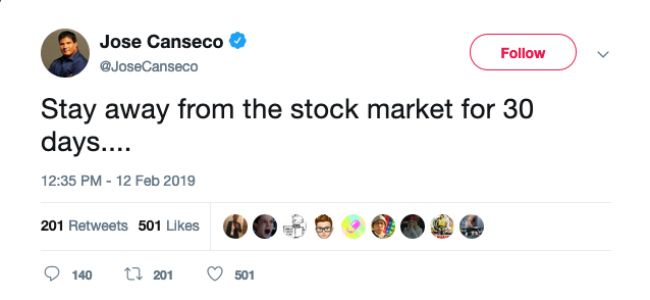 A tweet from baseball player Jose Conseco warning to stay away from the stock market.