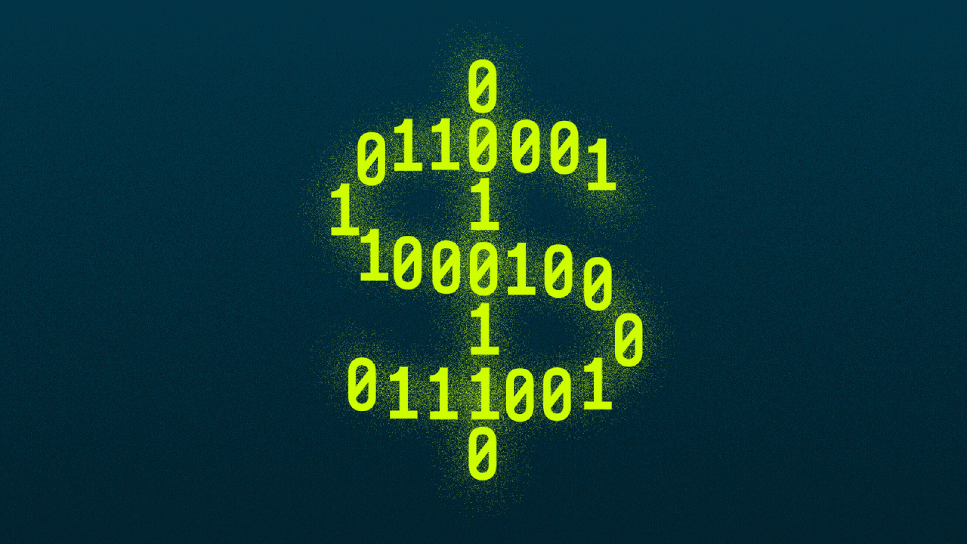 Illustration of a dollar sign made of binary code changing into a checkmark made of binary code.