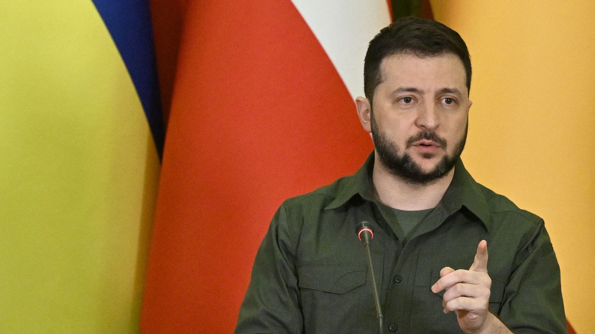 Ukraine's President Volodymyr Zelensky speaking during a press conference in Kyiv on April 21.