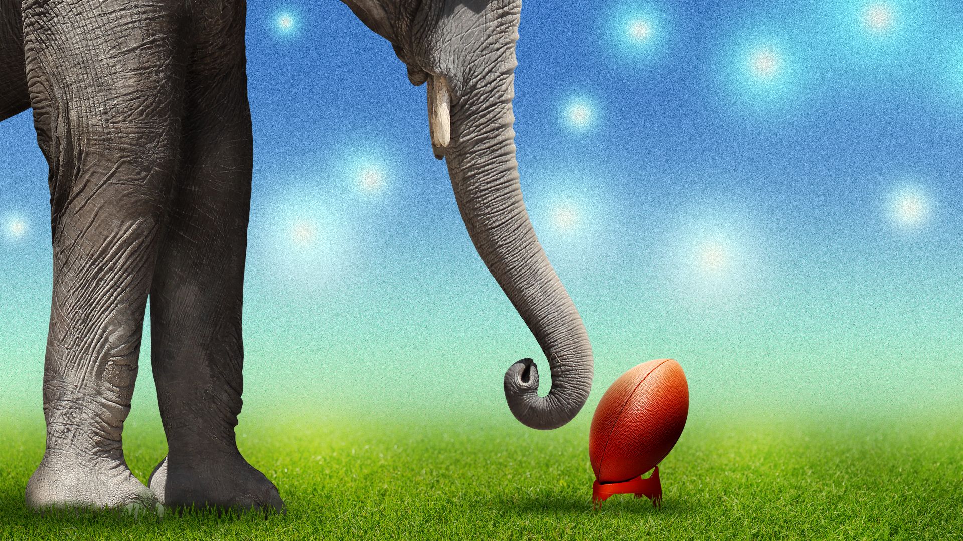 Illustration of an elephant contemplating a football on a field