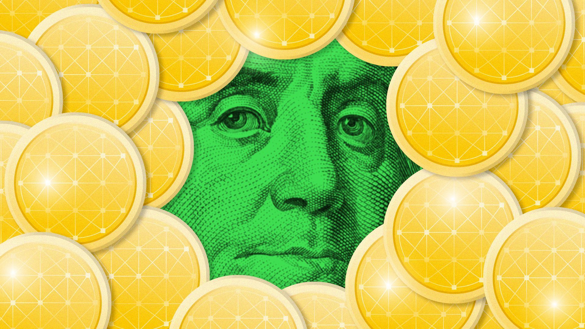 Illustration of Benjamin Franklin peering out from behind a pile of crypto coins.