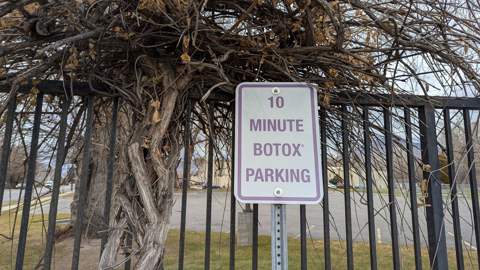 A parking sign reads, "10 MINUTE BOTOX PARKING"
