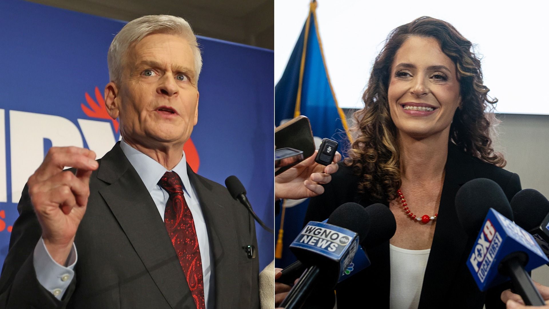 Images shows Bill Cassidy and Julia Letlow in two separate photos. Cassidy is serious while Letlow is smiling behind microphones.