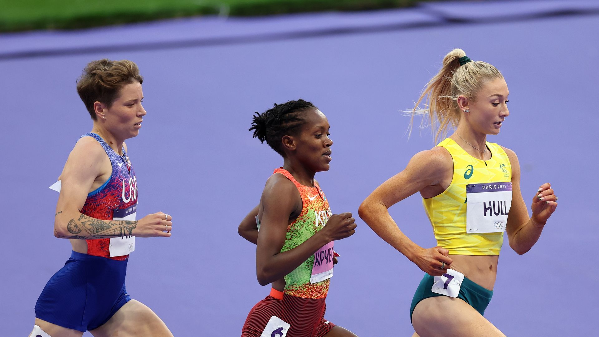 Nikki Hiltz of Team United States, Faith Kipyegon of Team Kenya and Jessica Hull of Team Australia compete in the Women's 1500m Final on day fifteen of the Olympic Games Paris 2024 at Stade de France on August 10, 2024 in Paris, France.