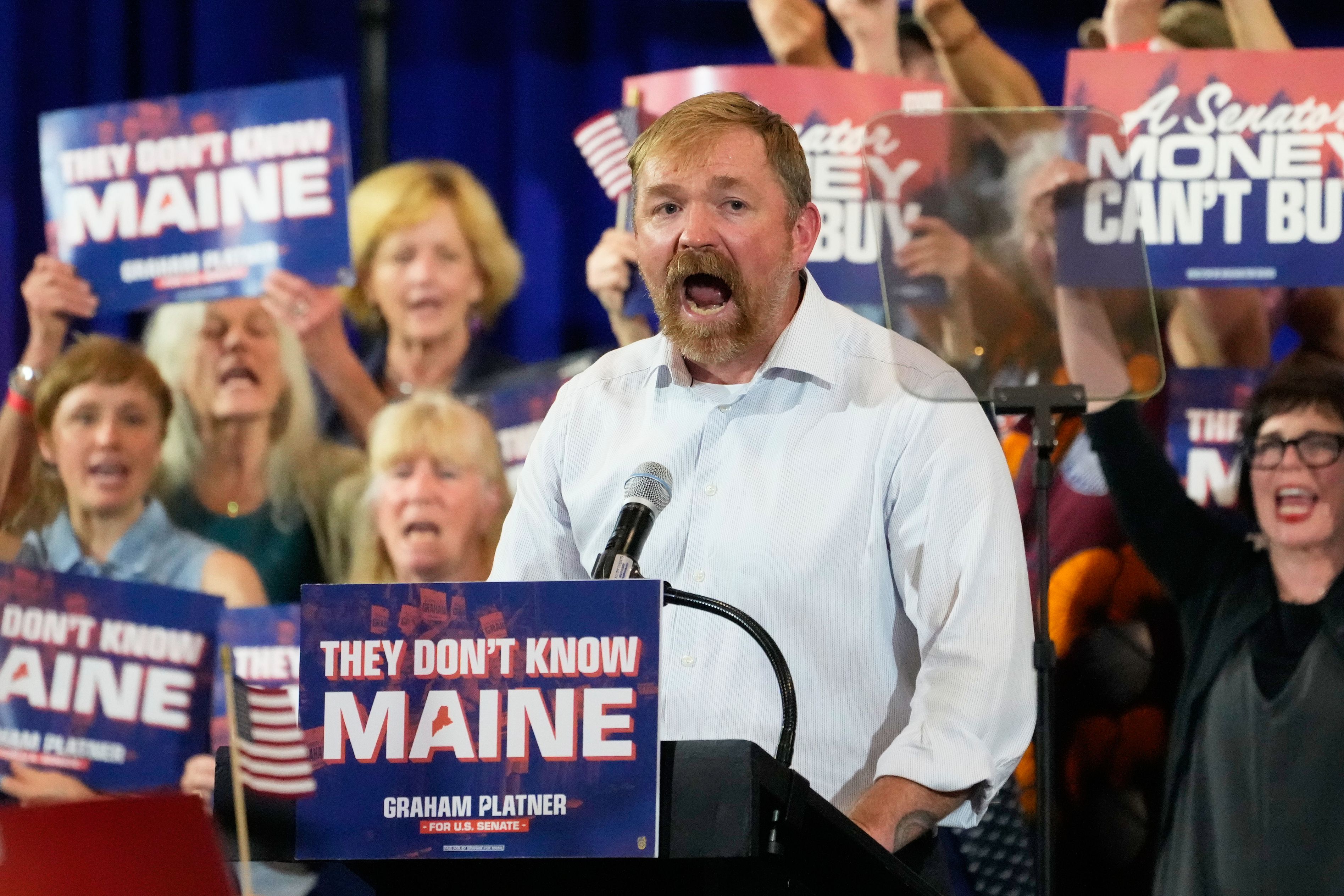 Democratic U.S. Senate candidate Graham Platner speaks during his primary-night victory party in Blue Hill, Maine, on June 9. Photo: Robert F. Bukaty/AP