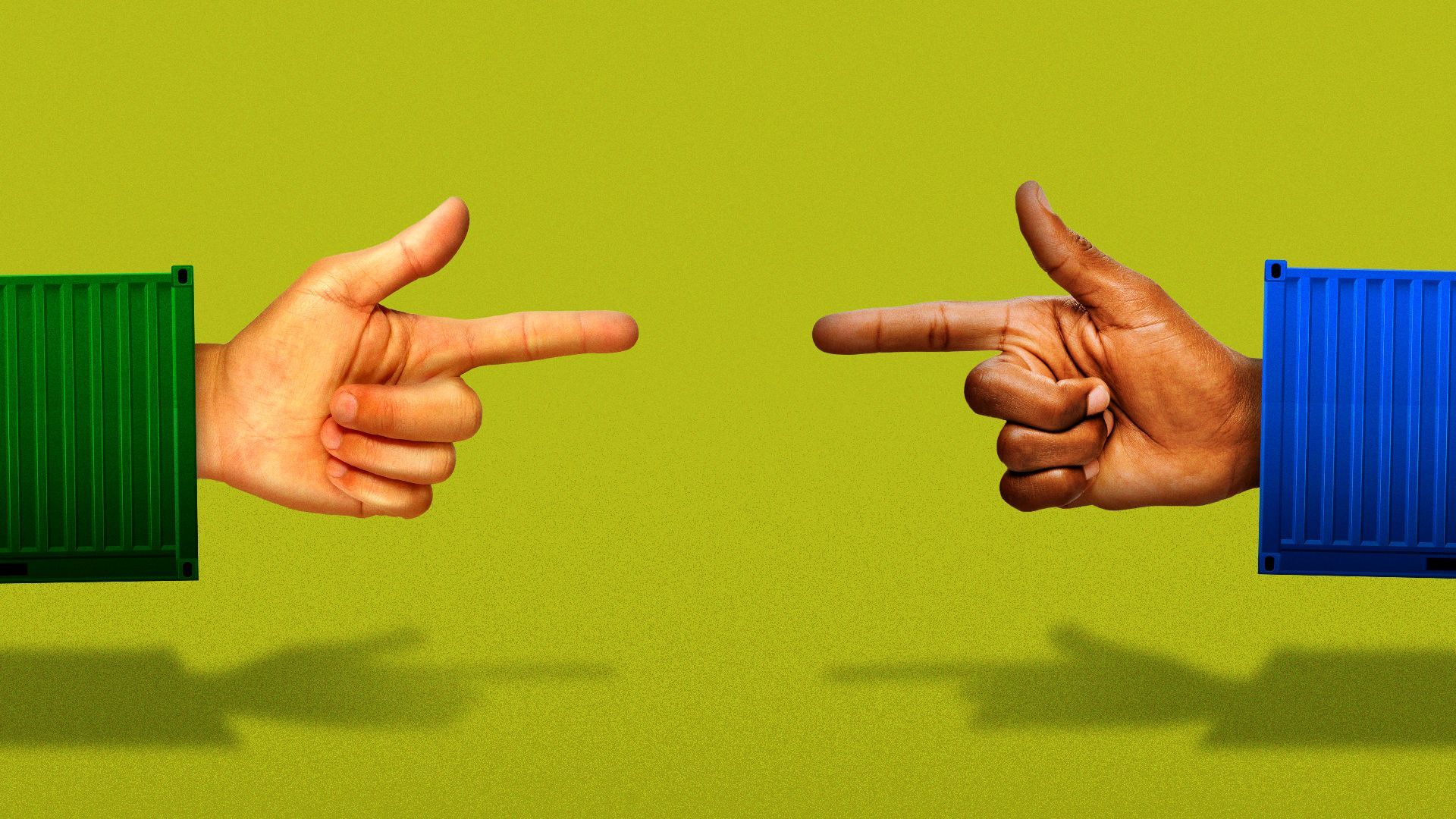 Illustration of two hands coming out of opposite shipping containers, pointing finger guns at each other.
