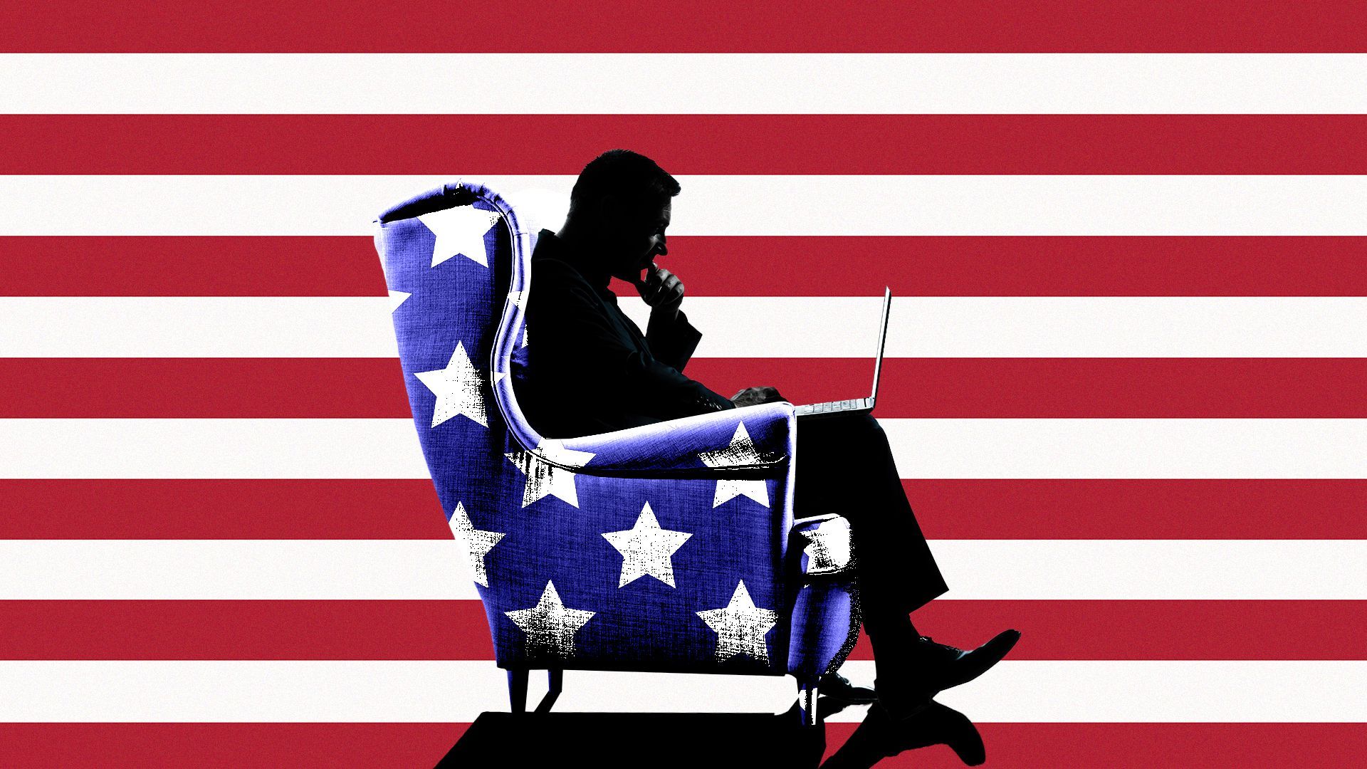 Illustration of a silhouetted person staring at a laptop and sitting in an armchair with stars resembling the U.S. flag, while in the background are the U.S. flag stripes.