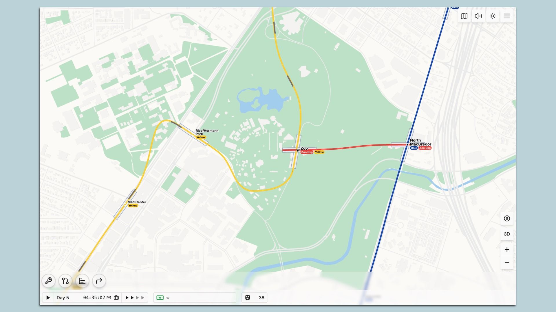 Map showing transit lines in a park area with yellow line stopping at Med Center and Rice/Hermann Park, red line at Zoo, and blue line at North MacGregor.