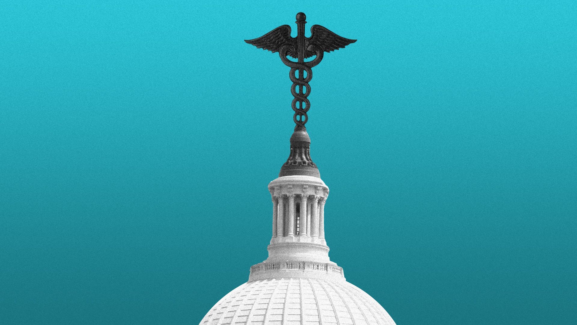 Illustration of the US Capitol building with a caduceus on top.