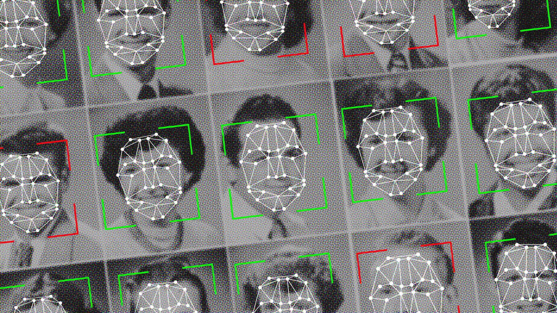 a grid of school yearbook–style photos with cropping squares around each face