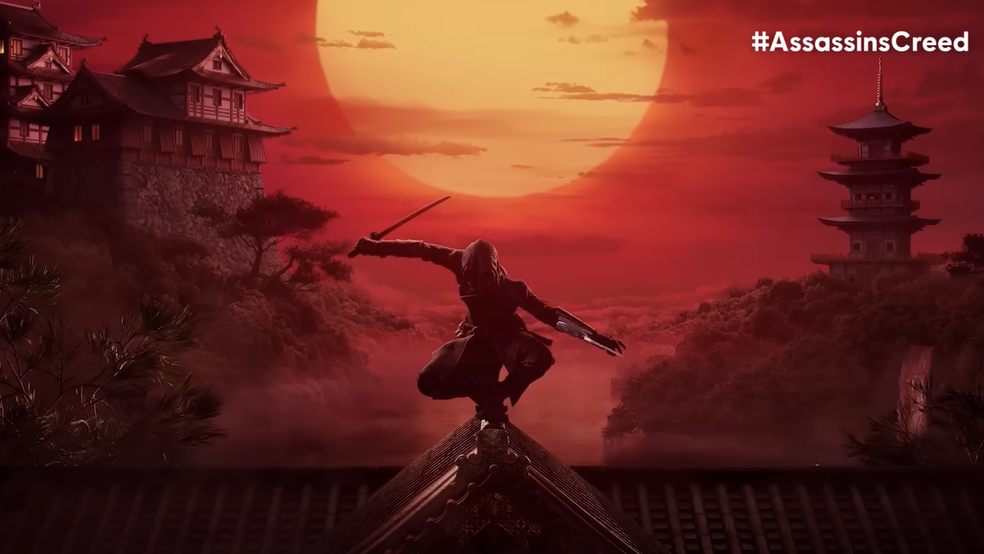 Video game image of a ninja on a rooftop, in front of a sunset